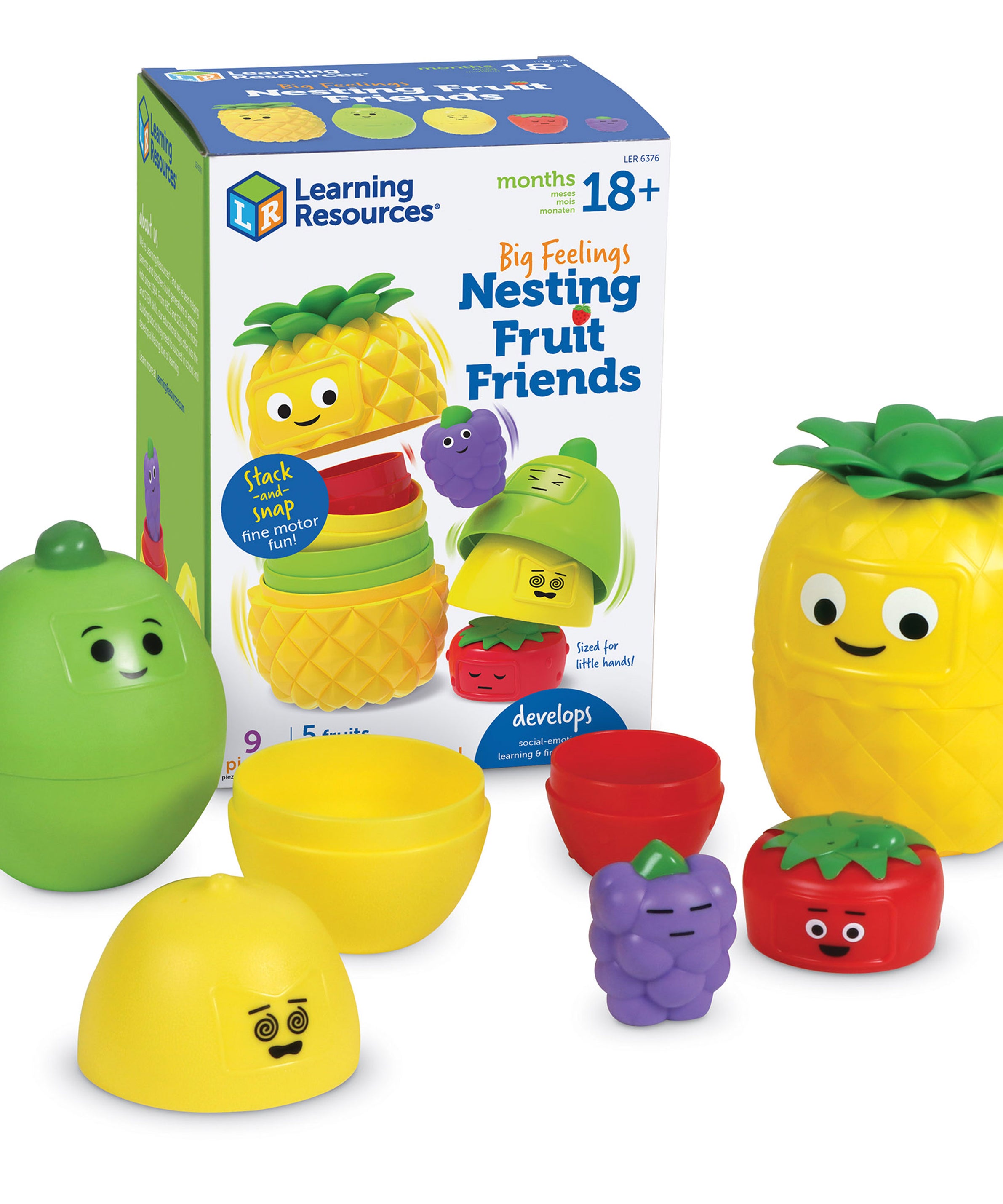 Learning Resources Big Feelings Nesting Fruit Friends, Social Emotional Learning & Sensory Play Toy, 9-Piece Nesting Set with Textured Fruit & Emotions, Ages 18 Months+