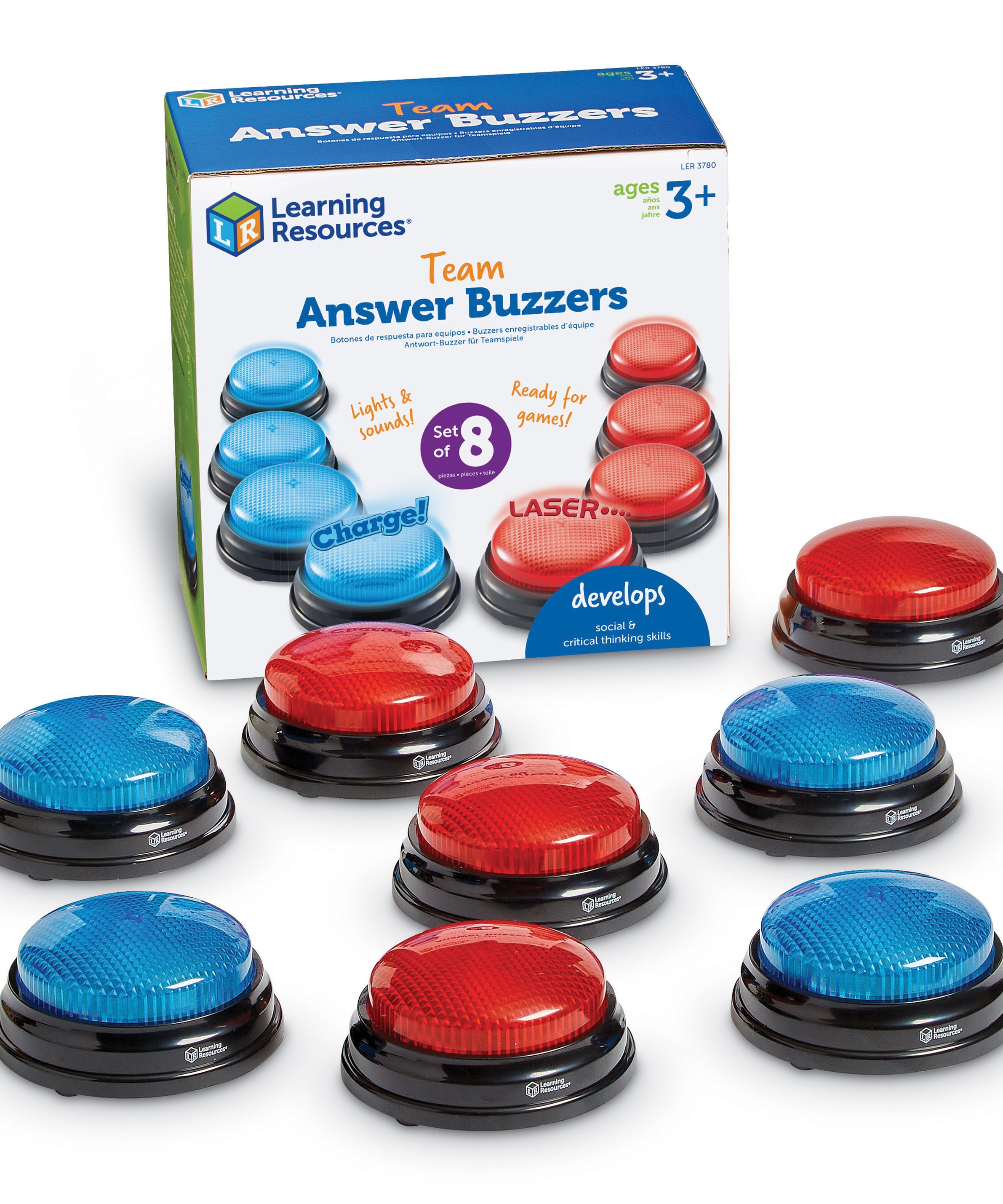 Learning Resources Team Answer Buzzers, Set of 8 Red and Blue Light-Up Buzzers with Unique Sounds, Game Show Buzzers for Team Play, Ages 3+
