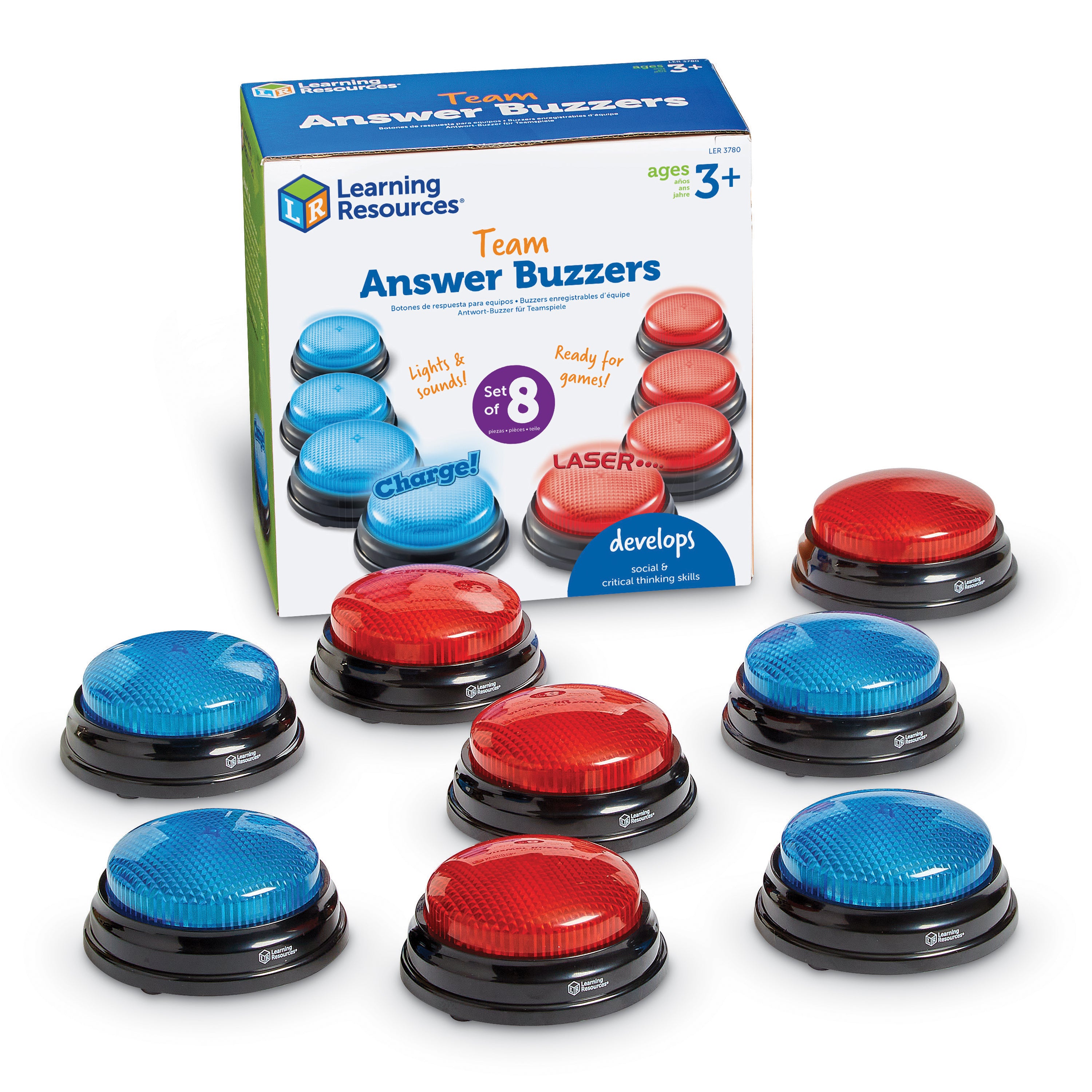 Learning Resources Team Answer Buzzers, Set of 8 Red and Blue Light-Up Buzzers with Unique Sounds, Game Show Buzzers for Team Play, Ages 3+