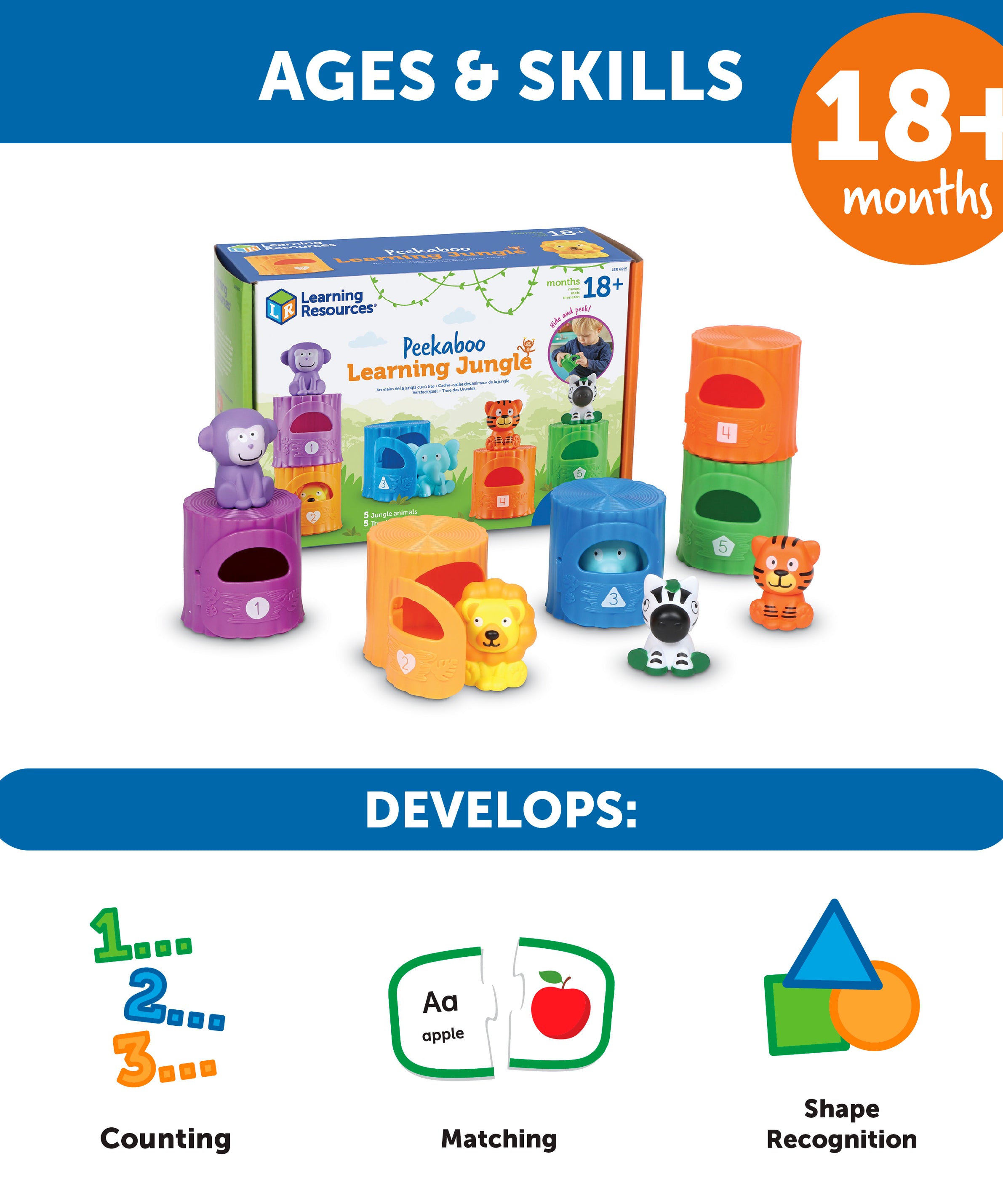 Learning Resources Peekaboo Learning Jungle Playset, Interactive Toddler Toy for Counting, Colours, and Fine Motor Skills