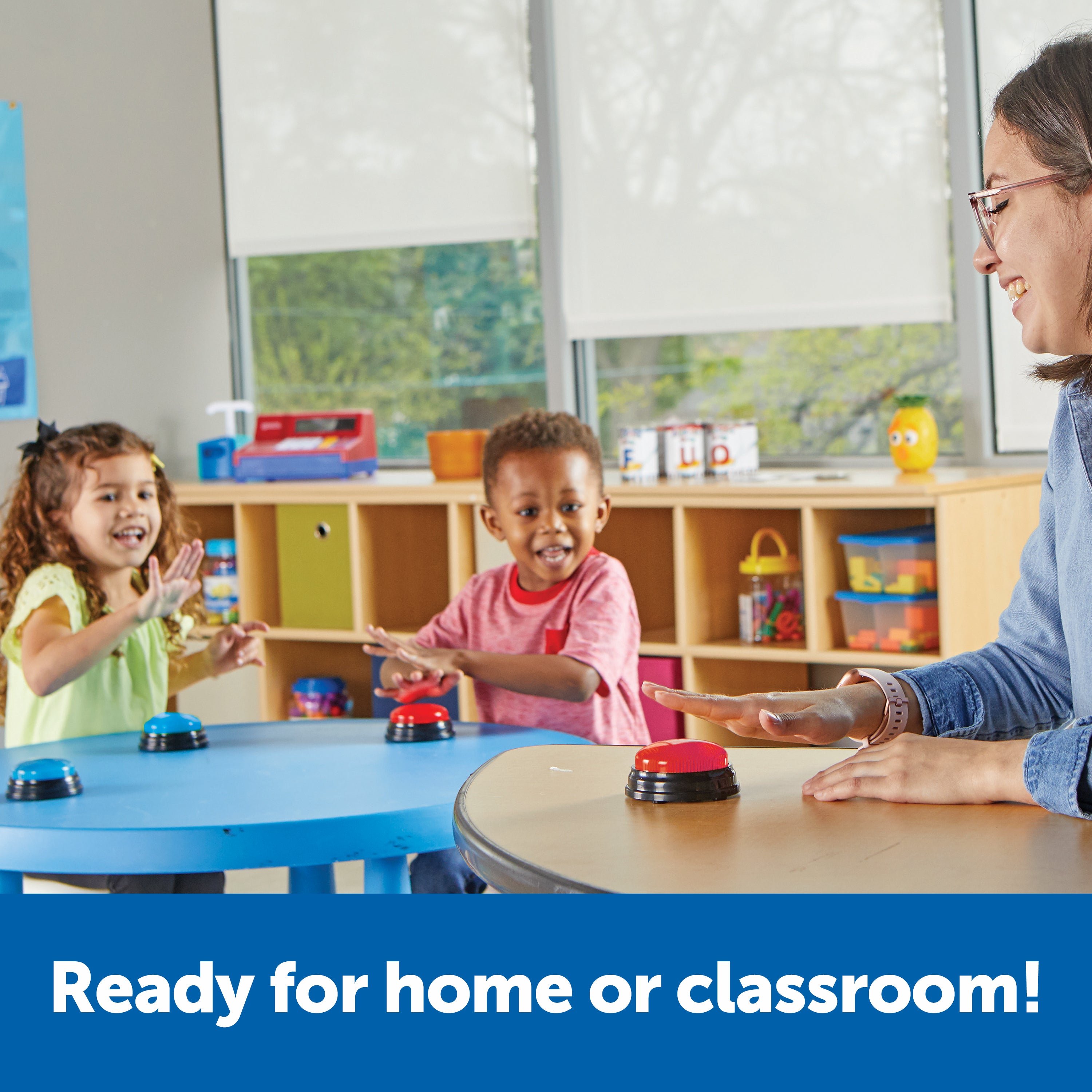 Learning Resources Team Answer Buzzers, Set of 8 Red and Blue Light-Up Buzzers with Unique Sounds, Game Show Buzzers for Team Play, Ages 3+