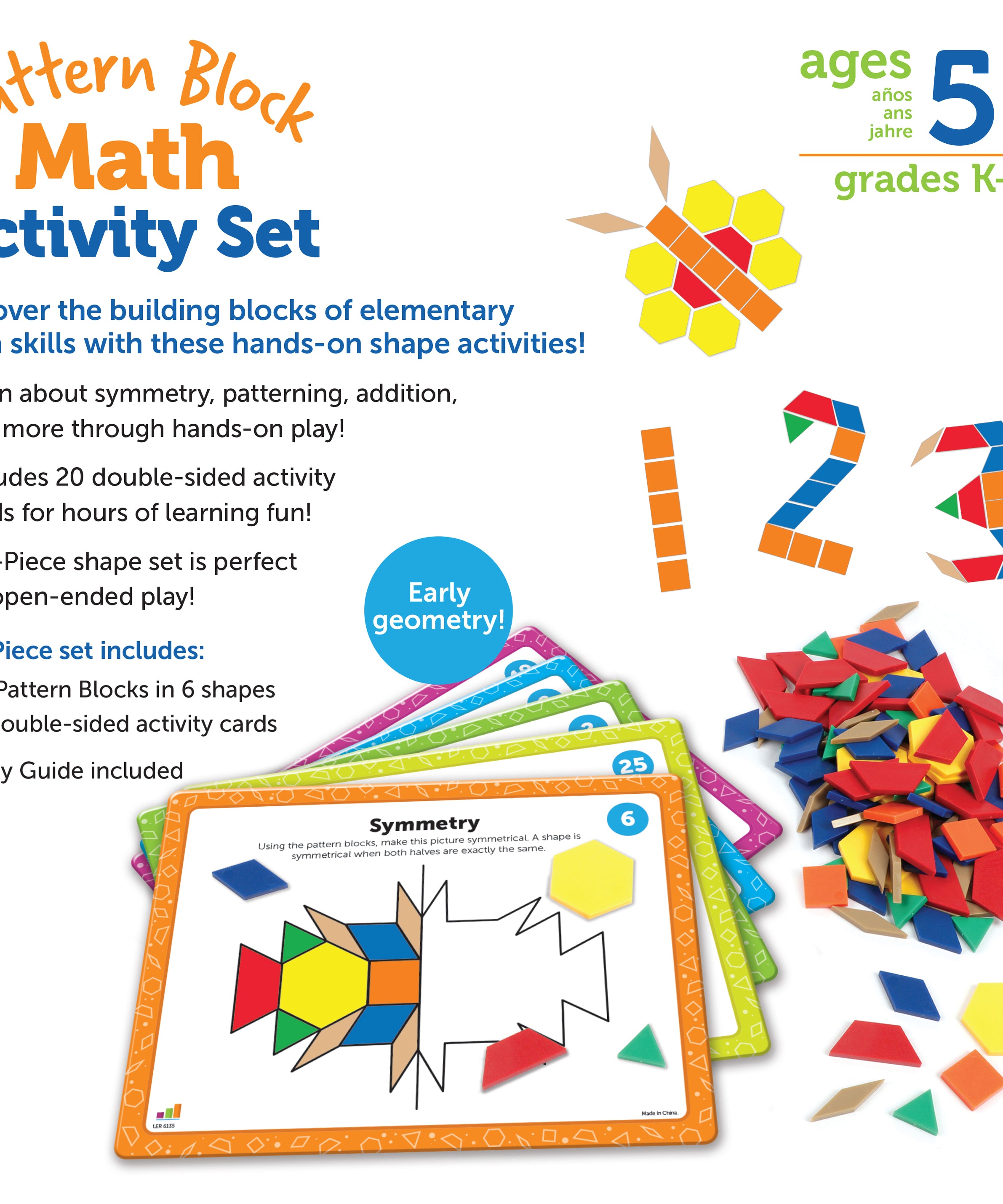 Learning Resources Pattern Block Math Activity Set, 124 Plastic Pattern Blocks, 20 Double-Sided Activity Cards, Hands-On Maths & STEM Learning, Ages 5+