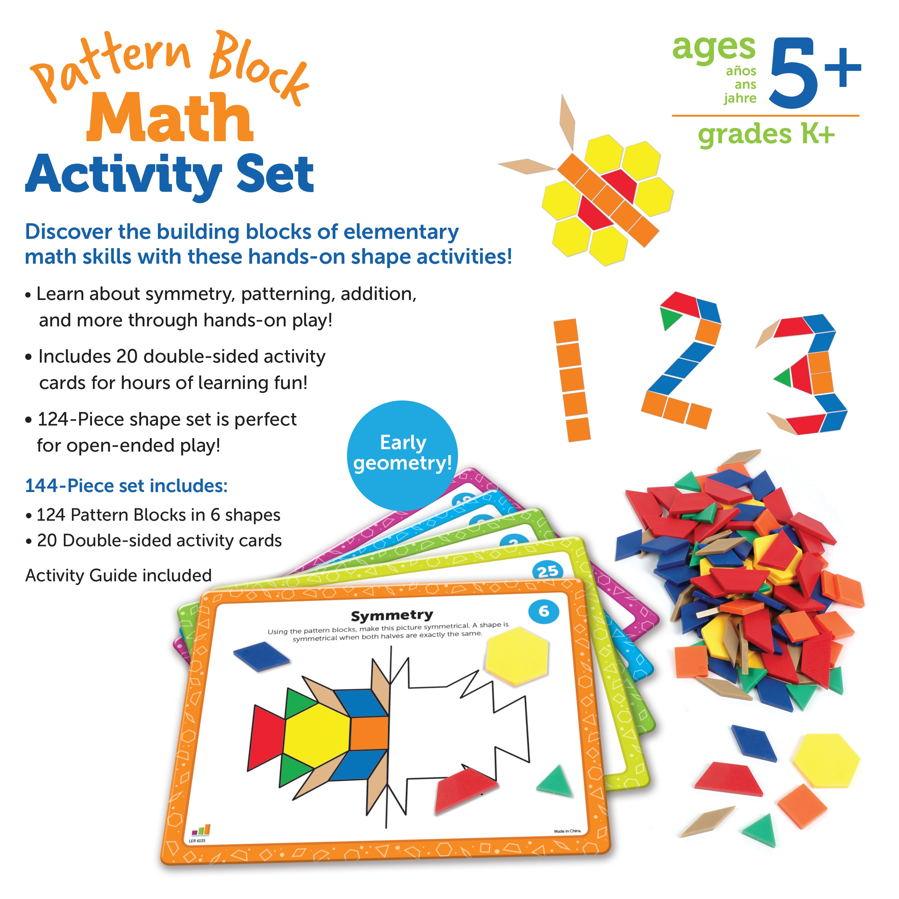 Learning Resources Pattern Block Math Activity Set, 124 Plastic Pattern Blocks, 20 Double-Sided Activity Cards, Hands-On Maths & STEM Learning, Ages 5+