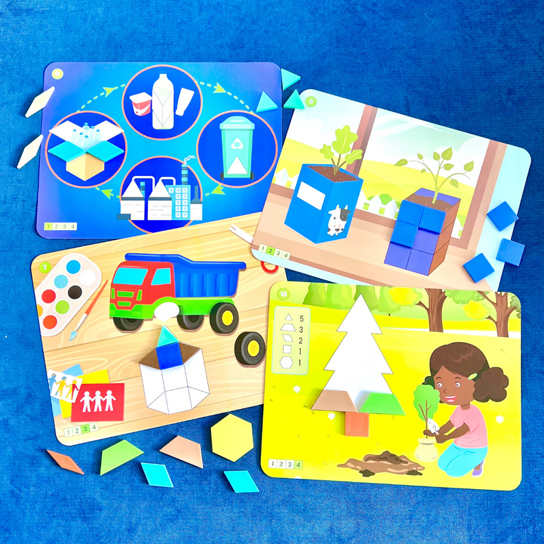 Learning Resources Recycling & Conservation Pattern Block Puzzle Set, 100 Colourful Pattern Blocks, 10 Double-Sided Puzzle Cards, Made from Recycled Plastic, Early Maths & Sustainability Learning, Ages 3+
