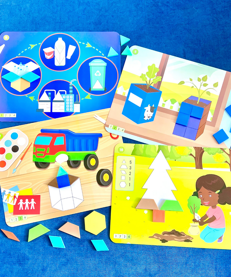 Learning Resources Recycling & Conservation Pattern Block Puzzle Set, 100 Colourful Pattern Blocks, 10 Double-Sided Puzzle Cards, Made from Recycled Plastic, Early Maths & Sustainability Learning, Ages 3+