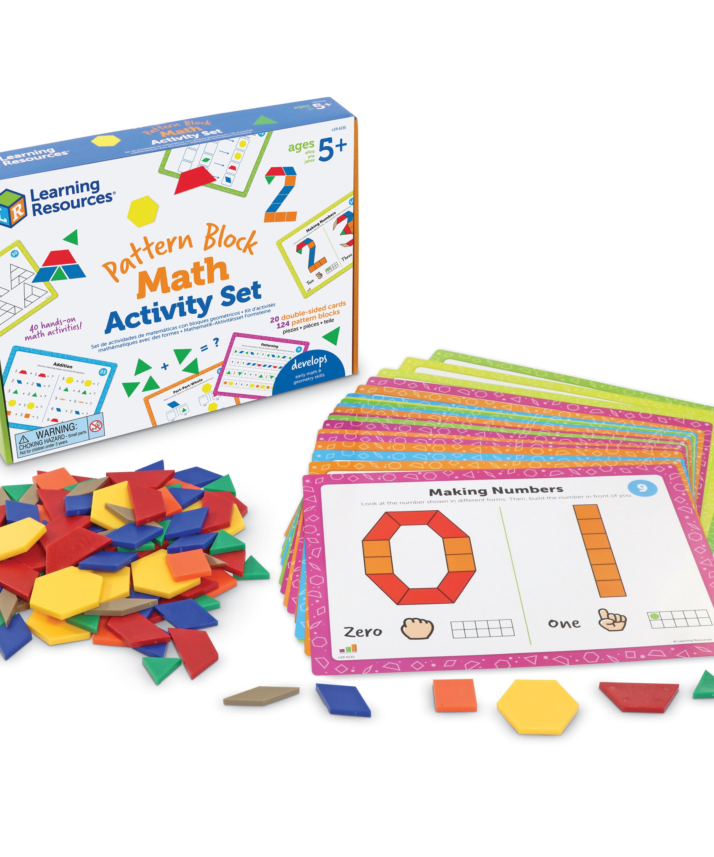 Learning Resources Pattern Block Math Activity Set, 124 Plastic Pattern Blocks, 20 Double-Sided Activity Cards, Hands-On Maths & STEM Learning, Ages 5+