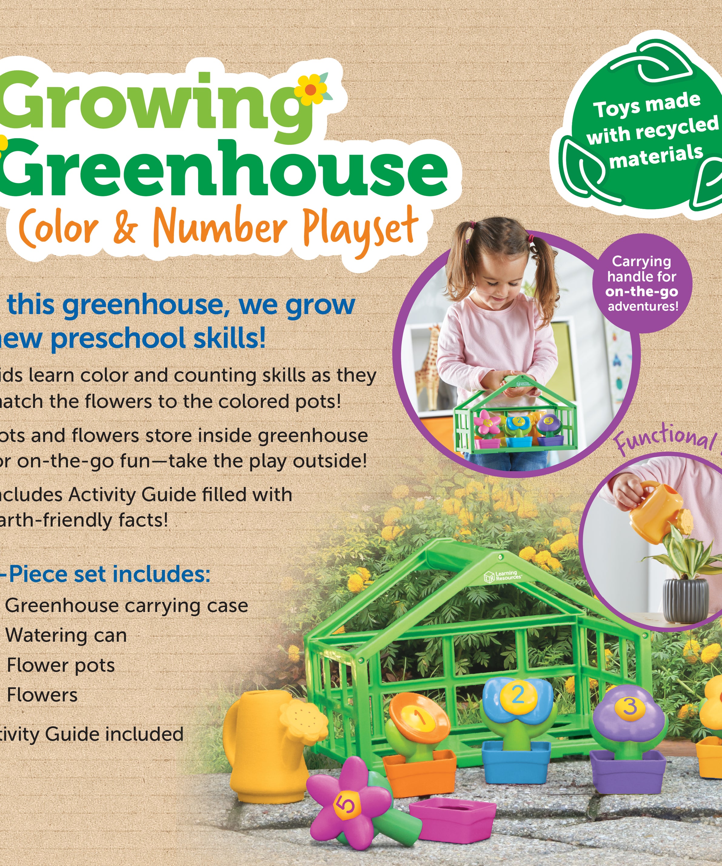 Learning Resources Growing Greenhouse Colour and Number Playset, Counting and Colour Matching Toy for Toddlers, Sustainable Preschool Toy Set for Ages 18 Months+