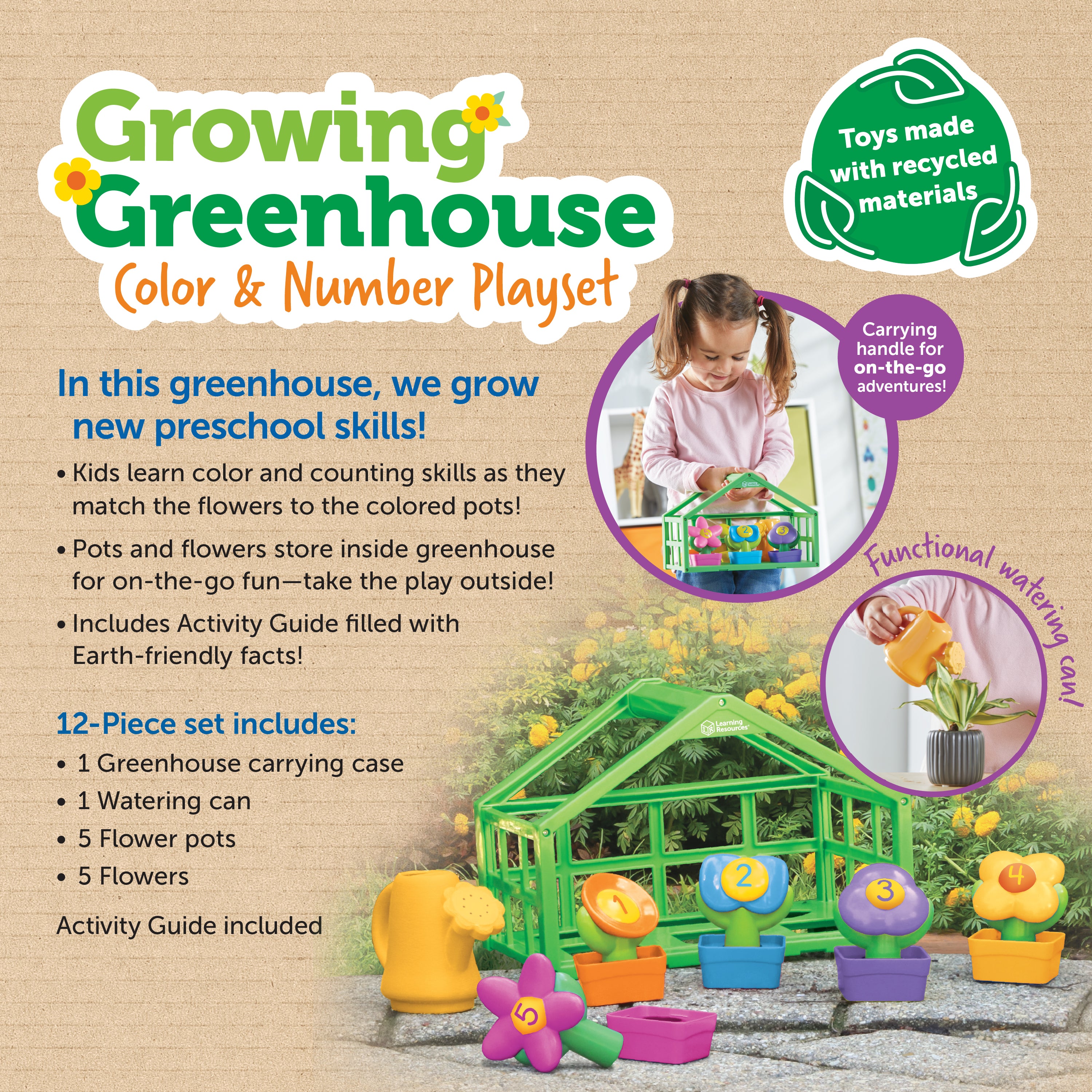 Learning Resources Growing Greenhouse Colour and Number Playset, Counting and Colour Matching Toy for Toddlers, Sustainable Preschool Toy Set for Ages 18 Months+