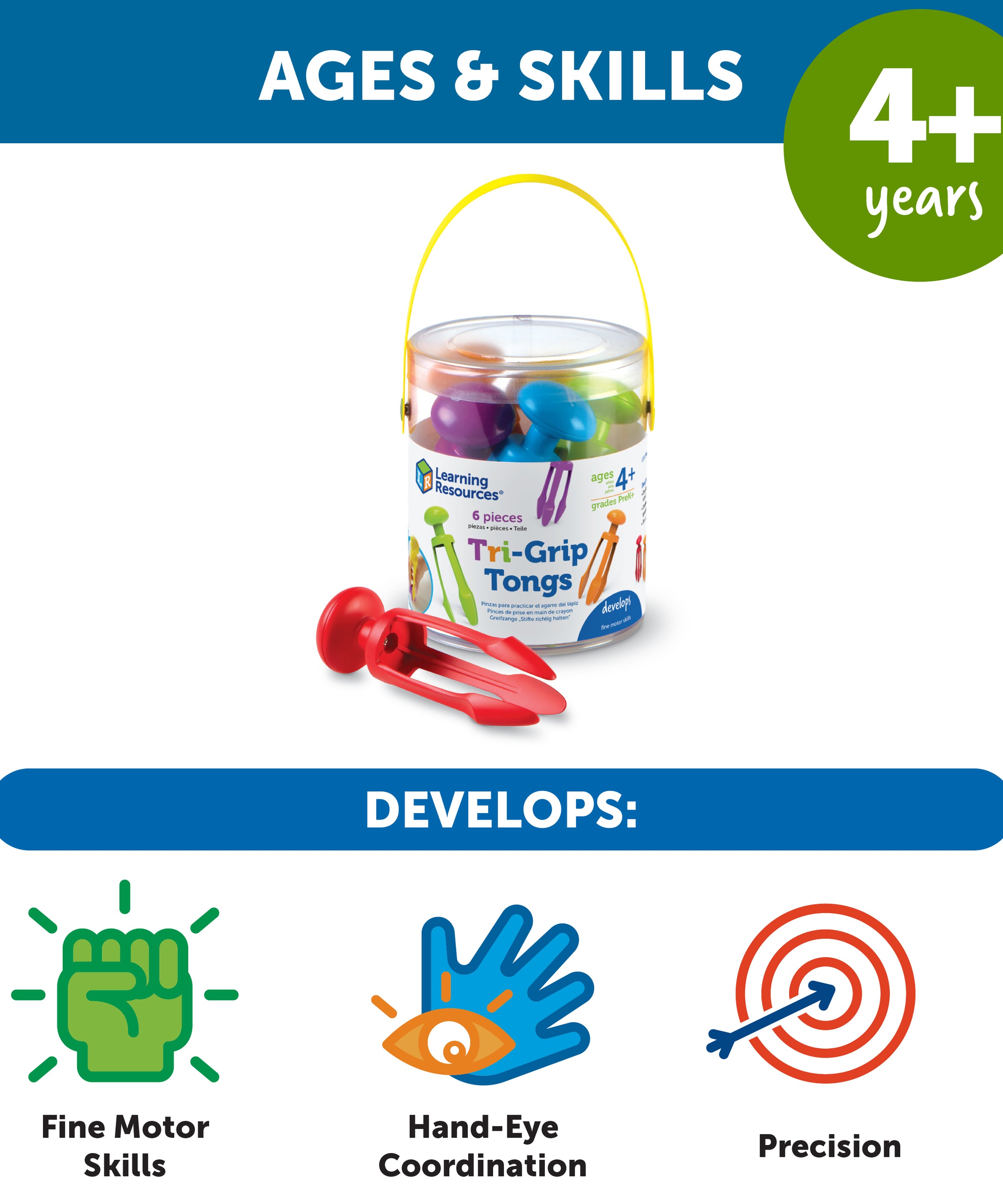 Learning Resources Tri-Grip Tongs, Set of 6, Fine Motor Skills Tool for Kids, Strengthens Pencil Grip, Includes Storage Bin, Ages 4+