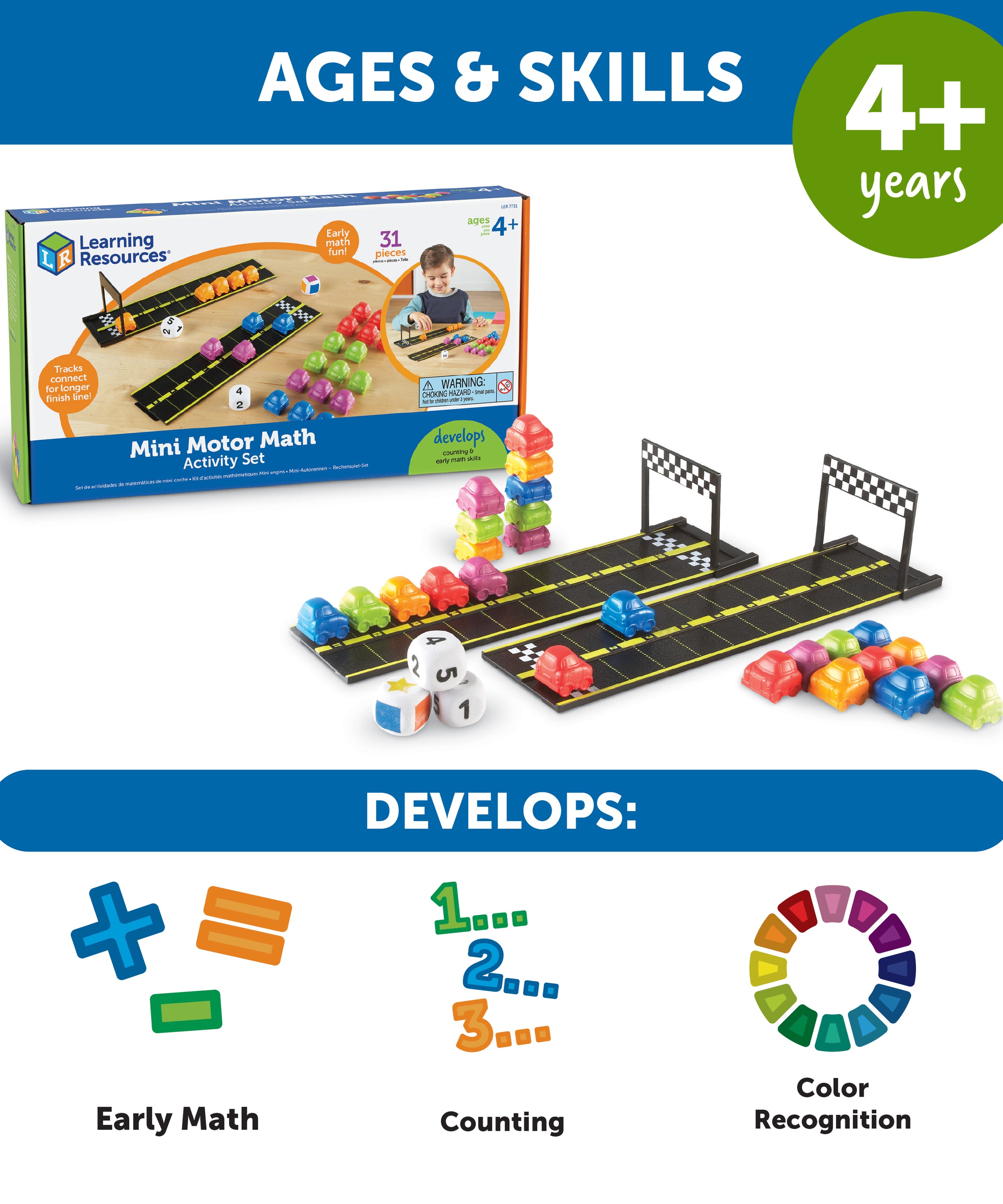 Learning Resources Mini Motor Math Activity Set, Early Years Numeracy Game, Includes Car Counters, Dice & Track Pieces, Ages 4+