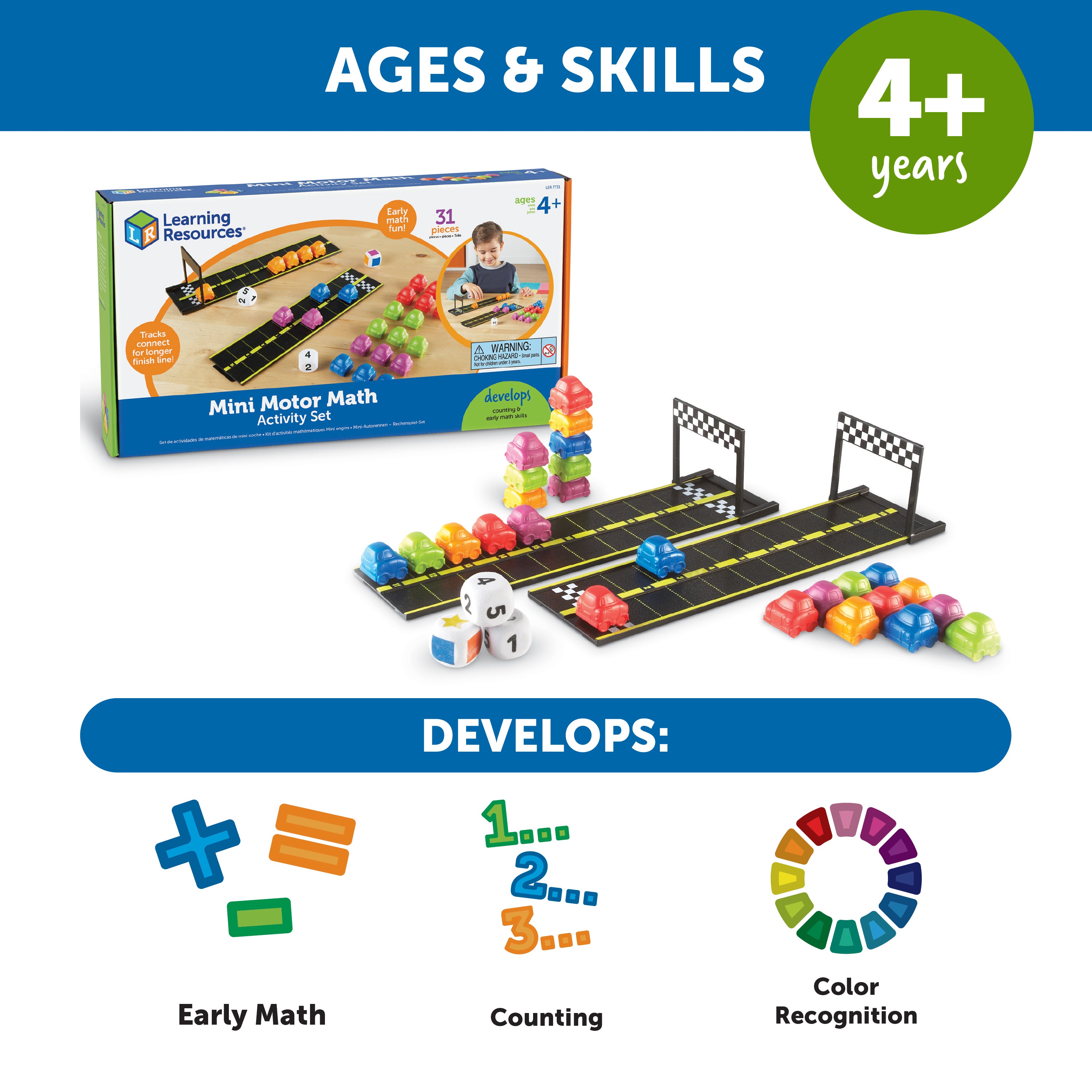 Learning Resources Mini Motor Math Activity Set, Early Years Numeracy Game, Includes Car Counters, Dice & Track Pieces, Ages 4+