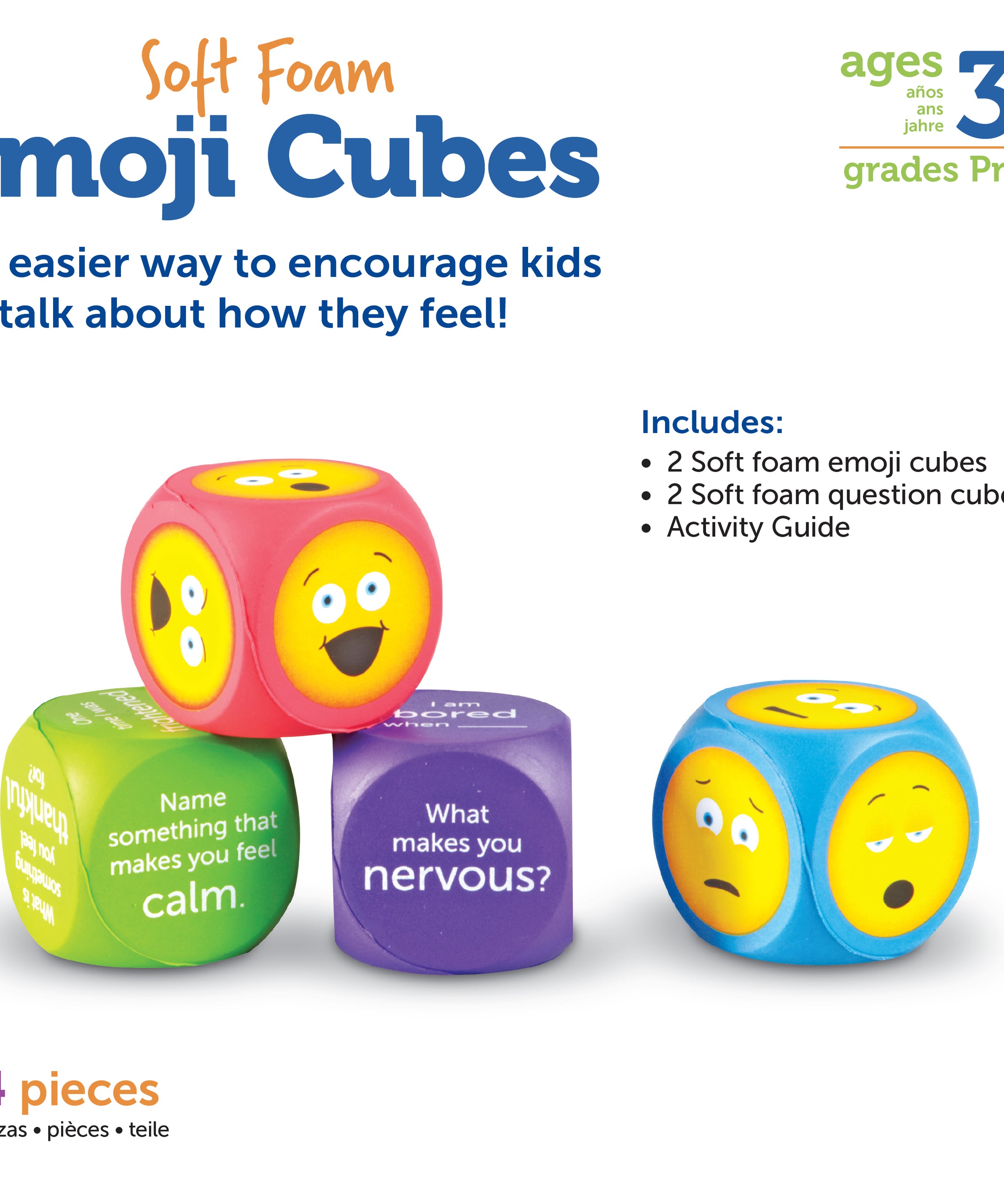 Learning Resources Soft Foam Emoji Cubes, Set of 4, Teaching Emotional Awareness and Recognition, Ideal for Kids Aged 3+