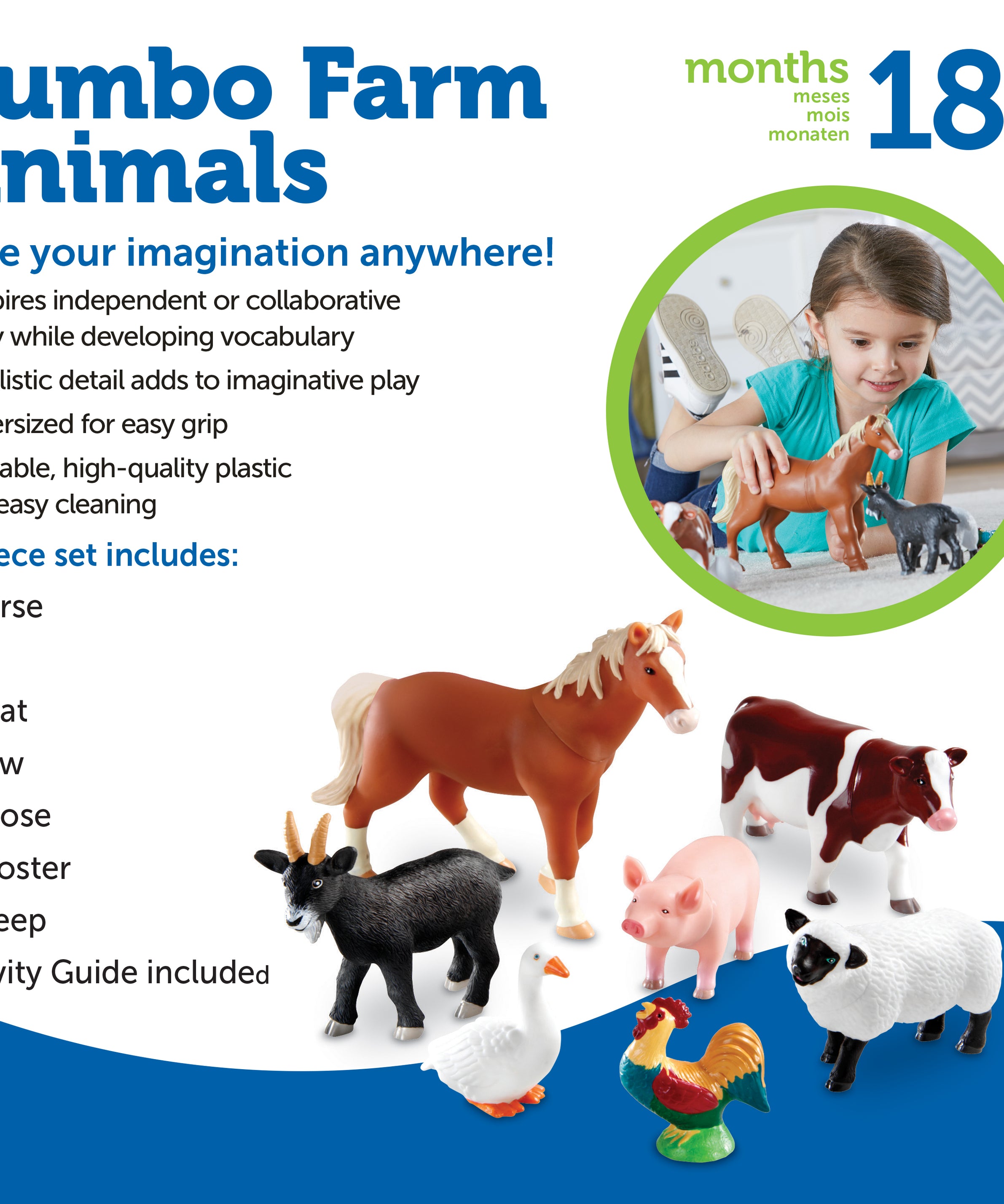 Learning Resources Jumbo Farm Animals Toy Set, 7-Piece Realistic Farm Animal Figures for Kids' Imaginative Play & Early Learning