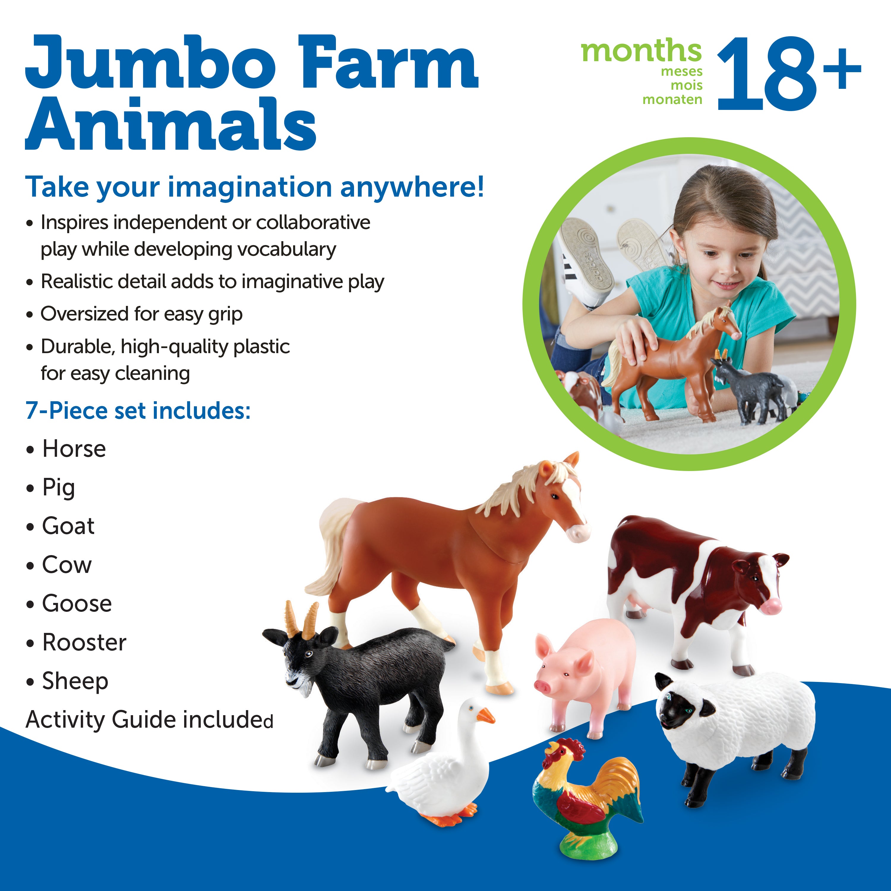 Learning Resources Jumbo Farm Animals Toy Set, 7-Piece Realistic Farm Animal Figures for Kids' Imaginative Play & Early Learning