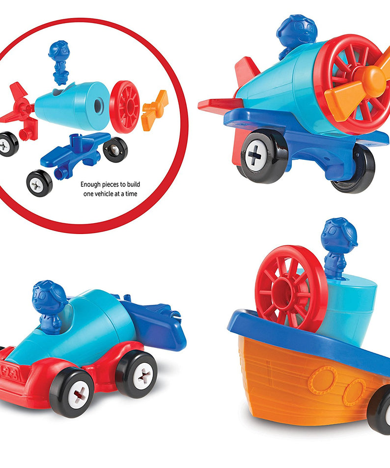 Learning Resources 1-2-3 Build It Car Plane Boat, 3-in-1 Vehicle Construction Toy for Toddlers, Fine Motor Skills and Early Engineering Play, Ages 2+