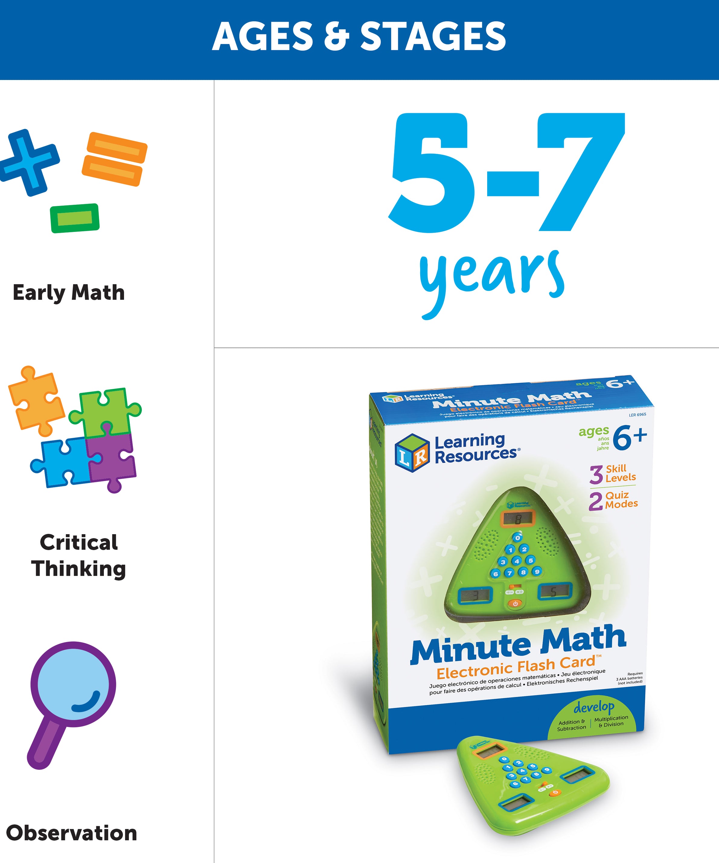 Learning Resources Handheld Minute Math Electronic Flash Card, Interactive Math Game for Kids, Ages 6+
