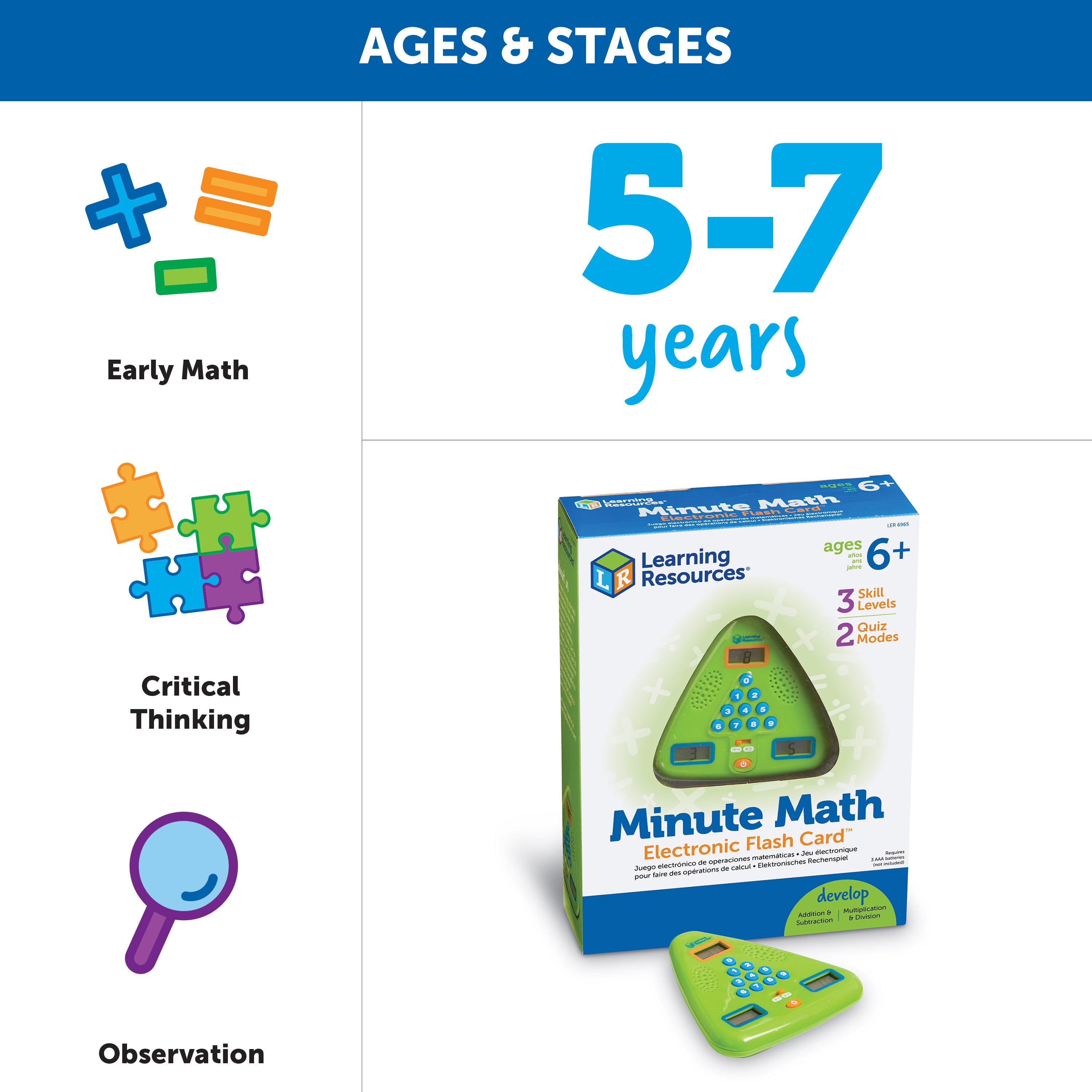 Learning Resources Handheld Minute Math Electronic Flash Card, Interactive Math Game for Kids, Ages 6+