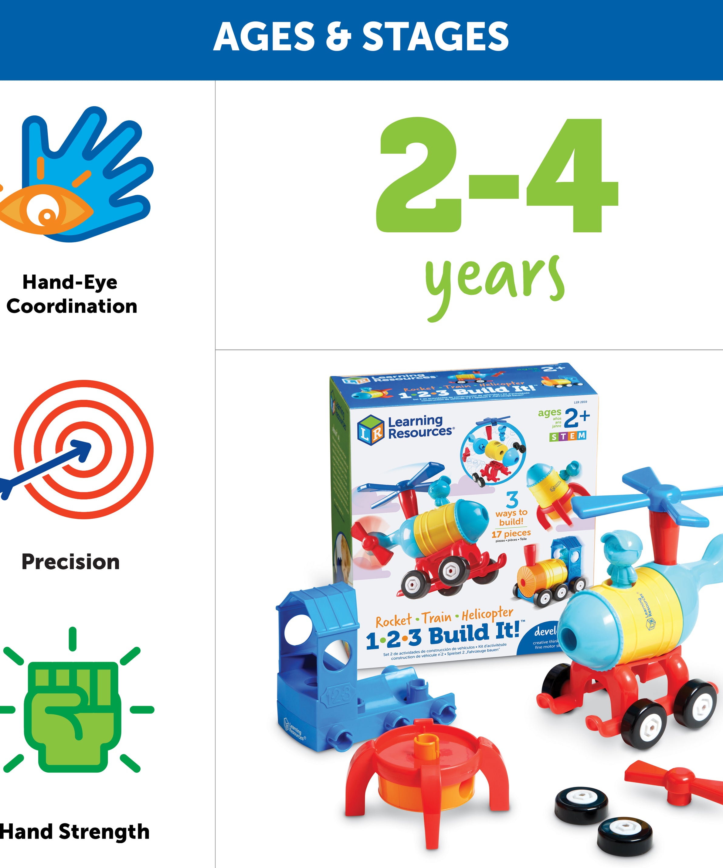 Learning Resources 1-2-3 Build It! Rocket-Train-Helicopter, 3-in-1 STEM Vehicle Building Set for Kids, Ages 2+
