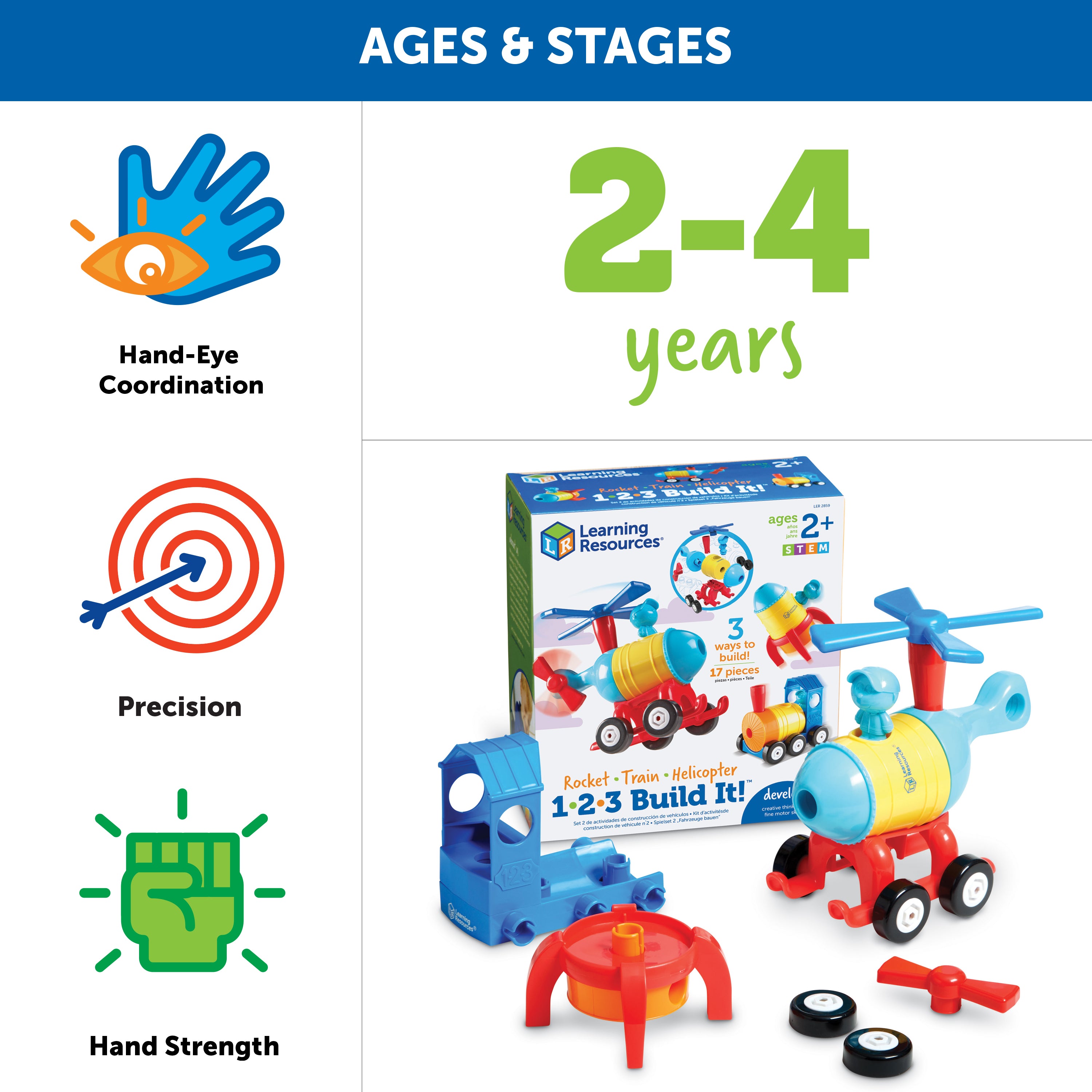 Learning Resources 1-2-3 Build It! Rocket-Train-Helicopter, 3-in-1 STEM Vehicle Building Set for Kids, Ages 2+