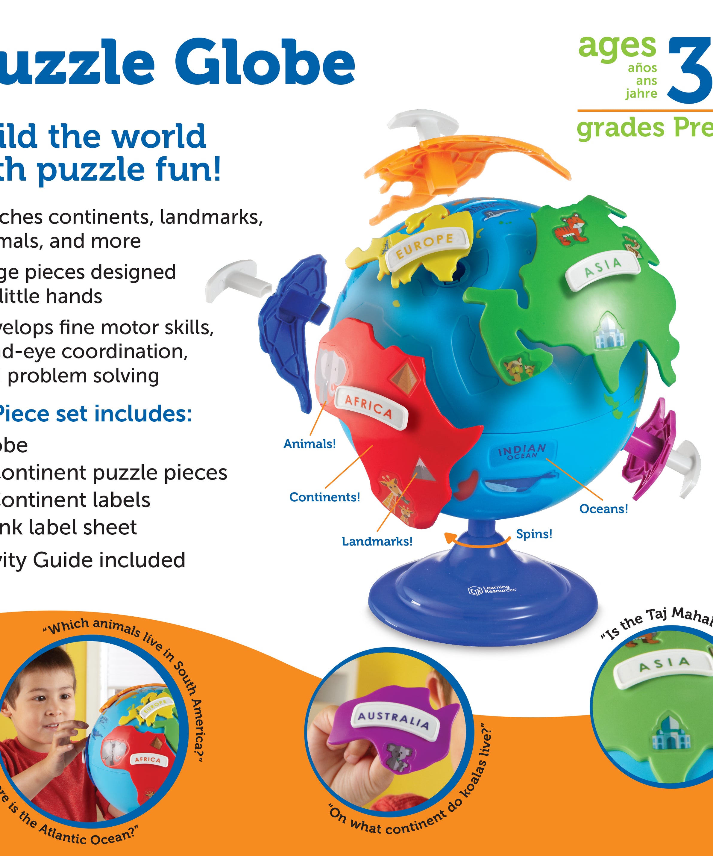 Learning Resources Puzzle Globe for Kids, Interactive Geography Toy with Removable Continents, Landmark Details and Rotating Base, Early Learning Globe for Ages 3+
