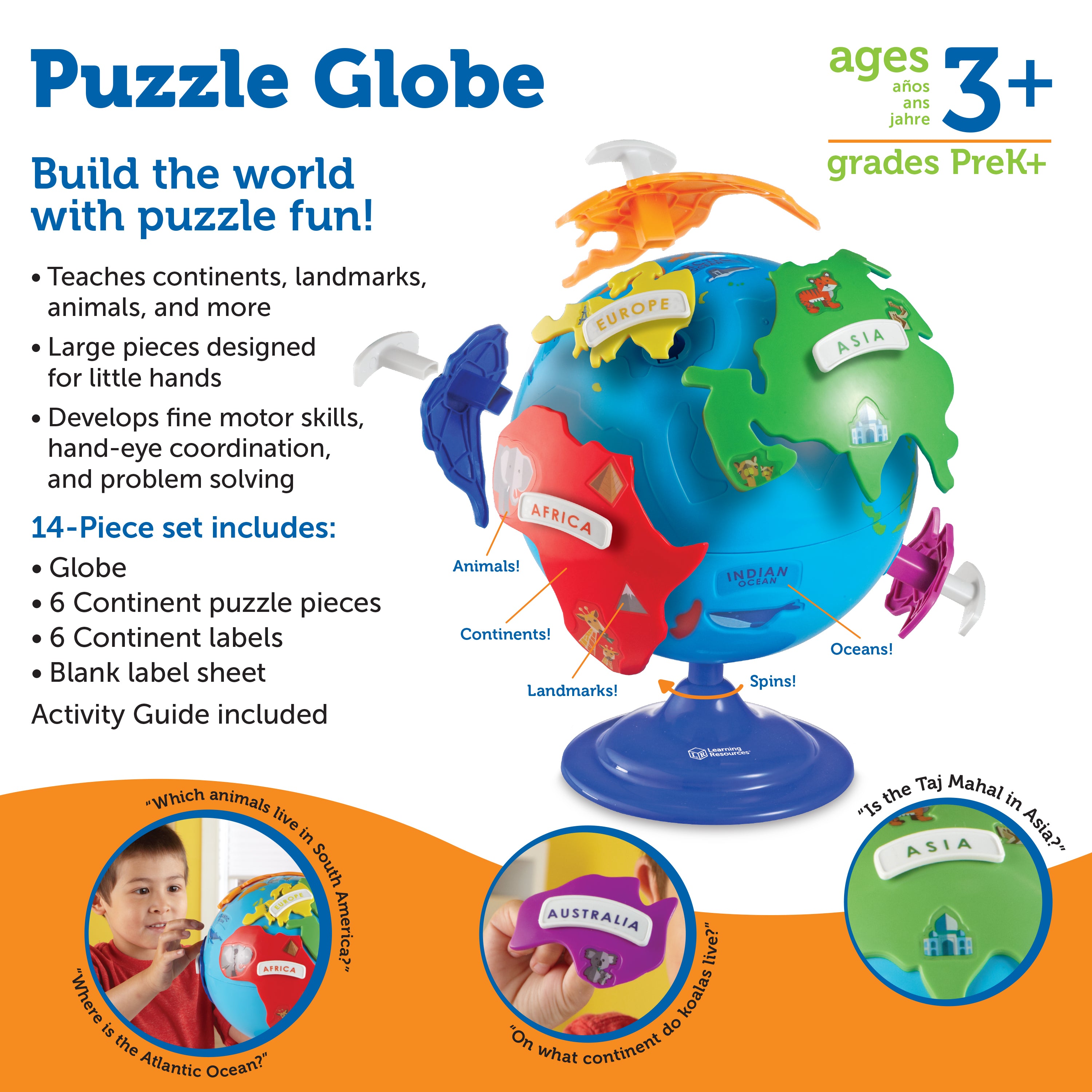Learning Resources Puzzle Globe for Kids, Interactive Geography Toy with Removable Continents, Landmark Details and Rotating Base, Early Learning Globe for Ages 3+