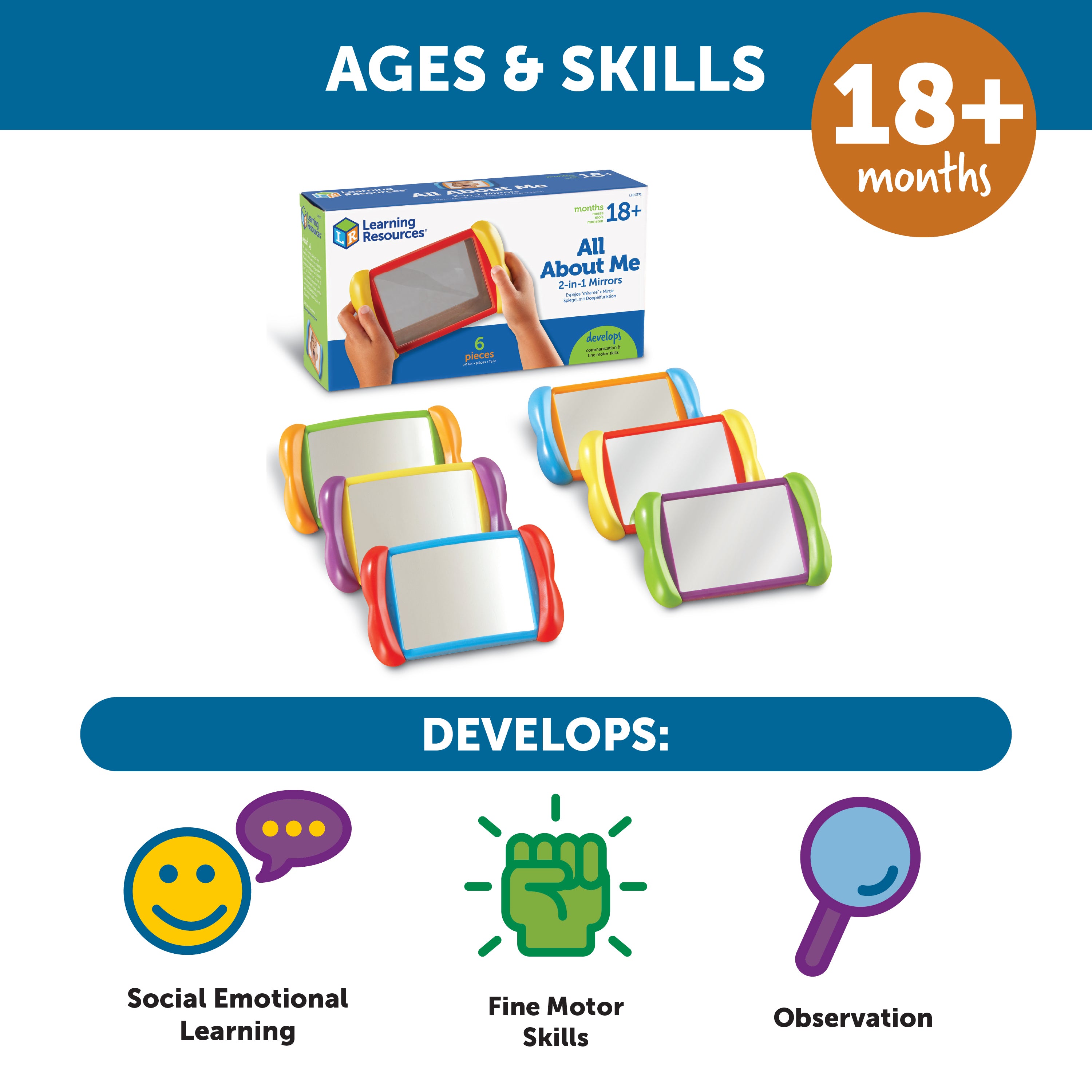 Learning Resources All About Me 2-in-1 Mirrors, Double-Sided Fun & Regular Mirrors for Self-Awareness, Develops Body & Emotional Skills, Set of 6, Ages 2+