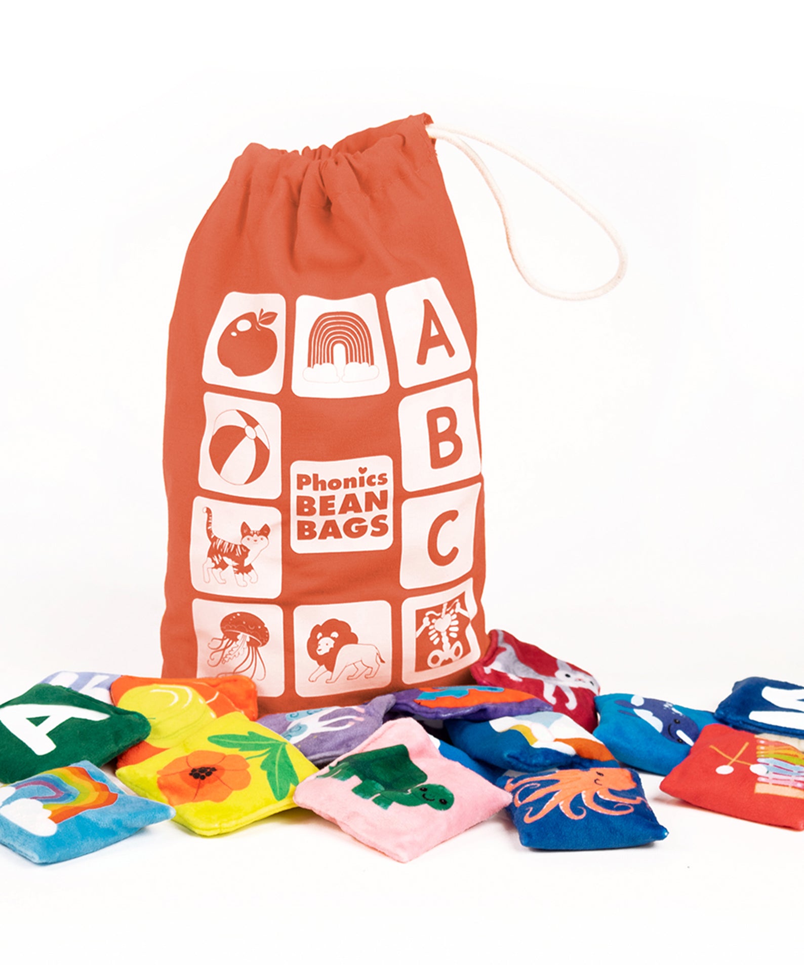 Learning Resources Phonics Bean Bags, 34-Piece Tactile Literacy Set with Drawstring Bag and Activity Guide, Early Years Phonics for Ages 3+