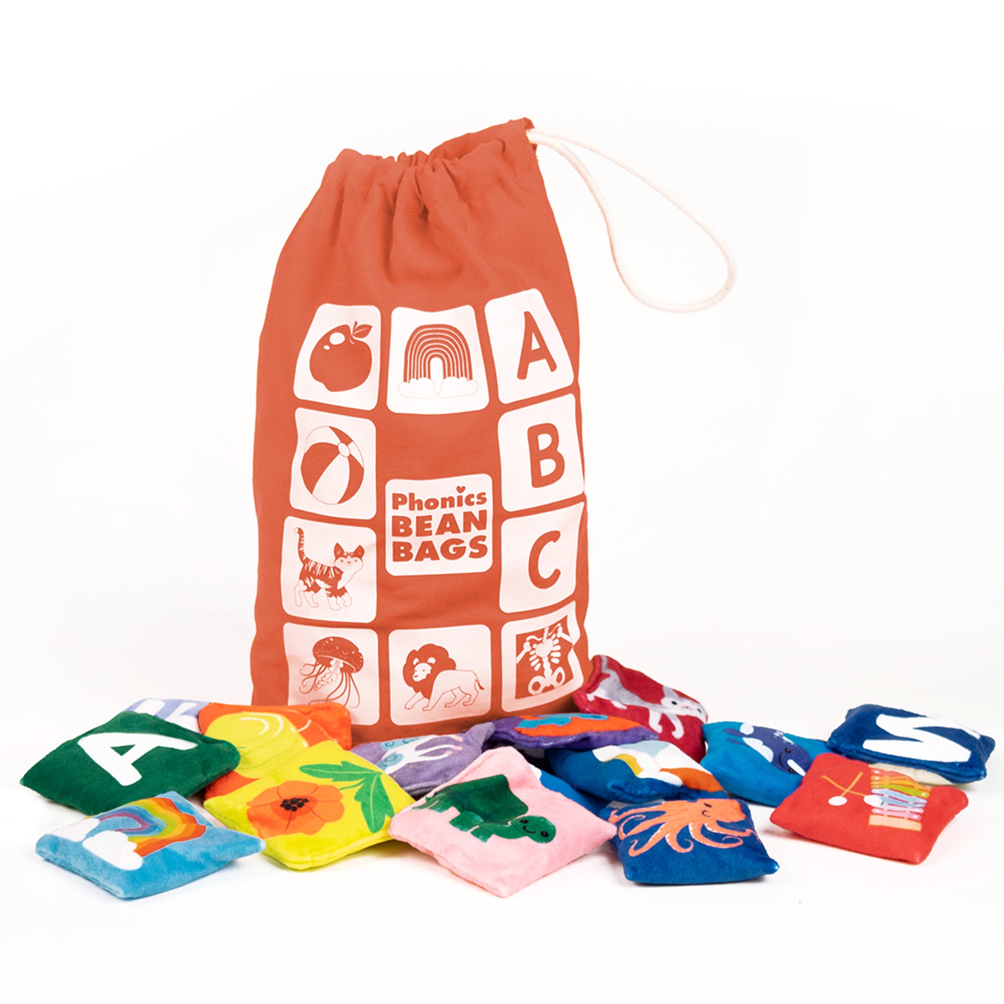 Learning Resources Phonics Bean Bags, 34-Piece Tactile Literacy Set with Drawstring Bag and Activity Guide, Early Years Phonics for Ages 3+
