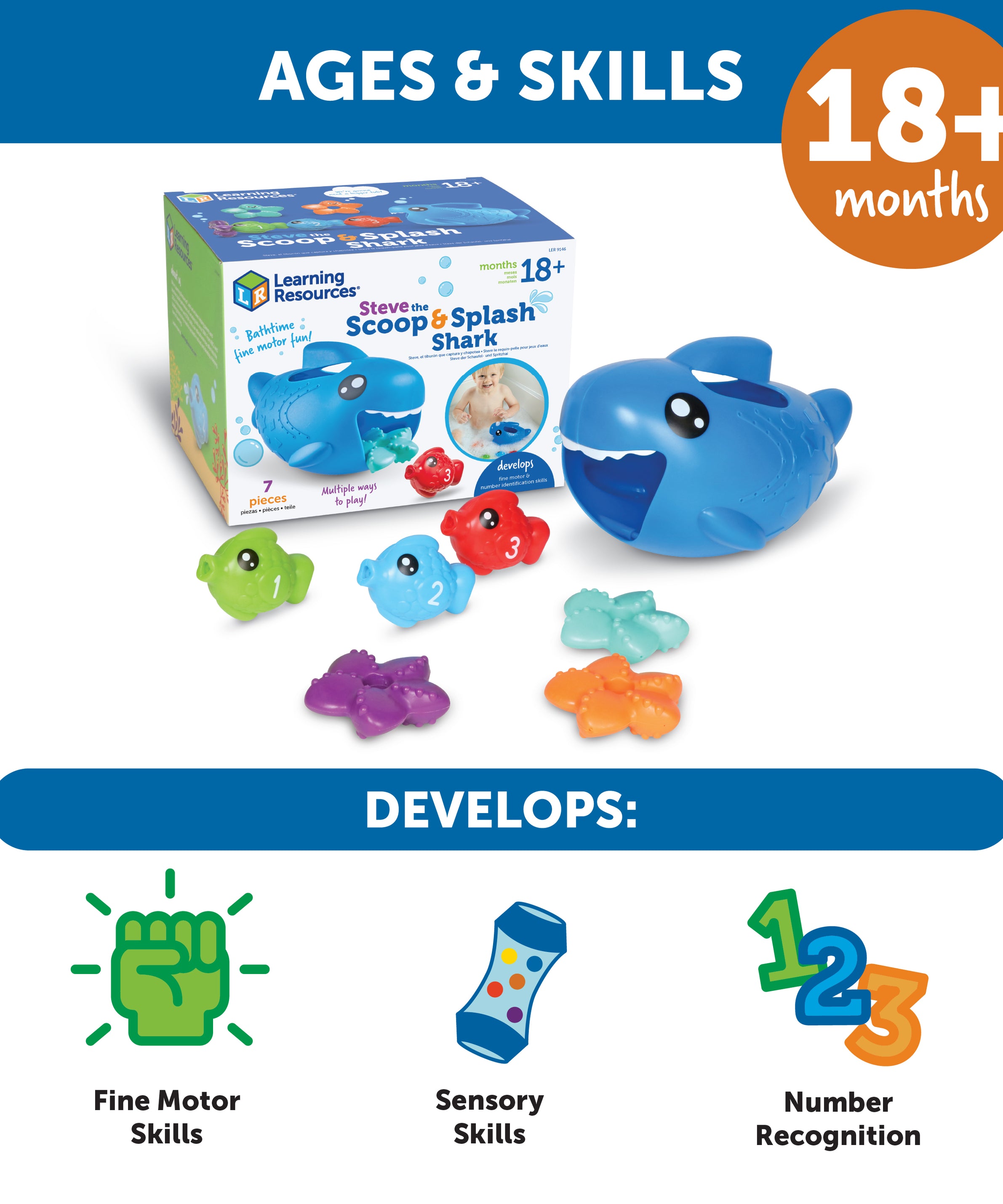 Learning Resources Steve the Scoop and Splash Shark, Water Play Toddler Toy with Fish and Starfish, Bath, Pool, and Water Table Play, Ages 18 Months Plus