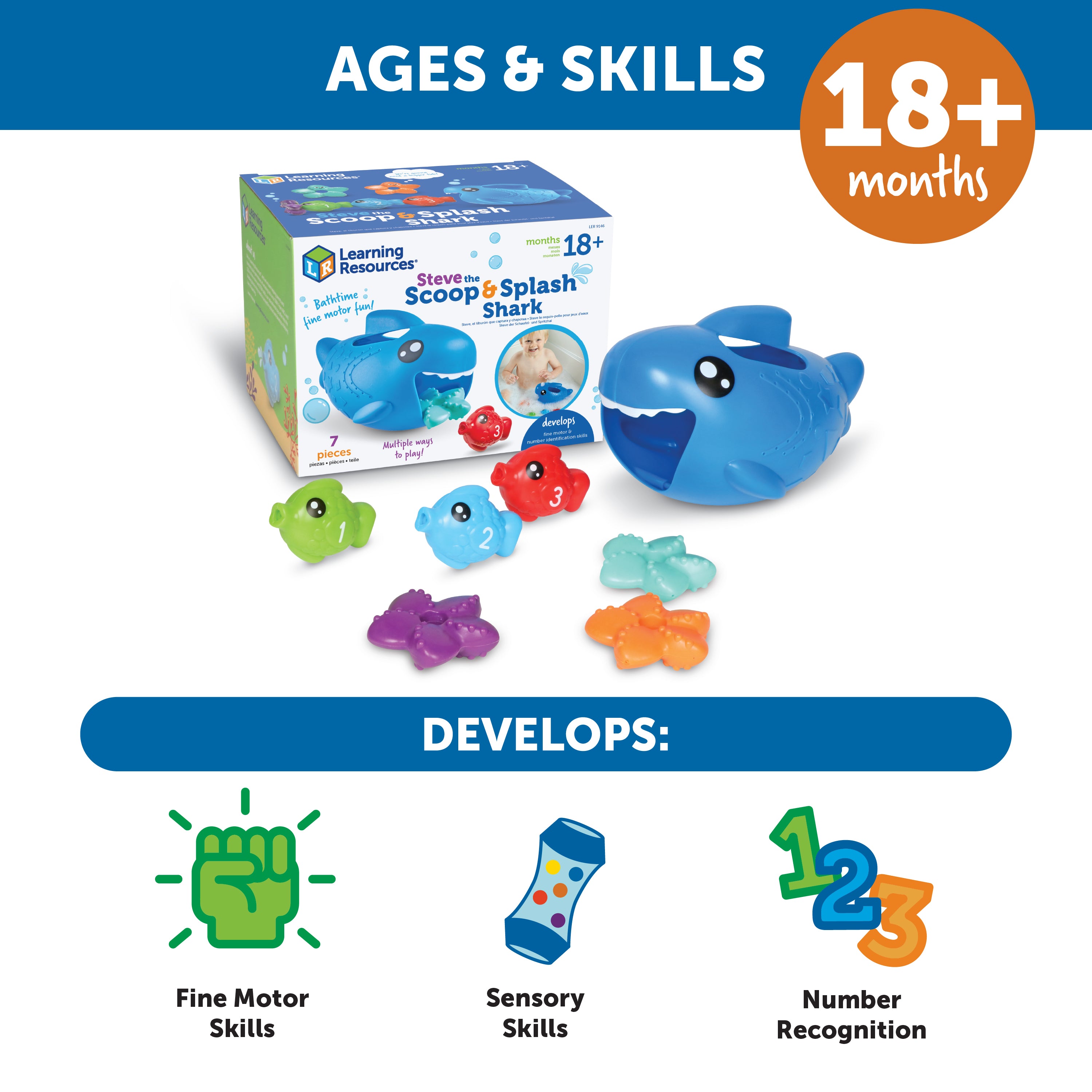 Learning Resources Steve the Scoop and Splash Shark, Water Play Toddler Toy with Fish and Starfish, Bath, Pool, and Water Table Play, Ages 18 Months Plus