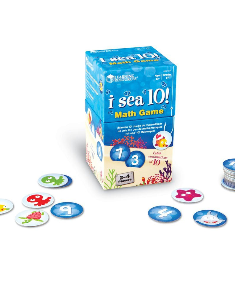Learning Resources I Sea 10! Math Game, Fun Family Game for Practicing Number Bonds to Ten, Includes 90 Number Cards & 10 Shark Cards, Great Early Math Skills Activity, For Ages 6+, Sea-Themed Container