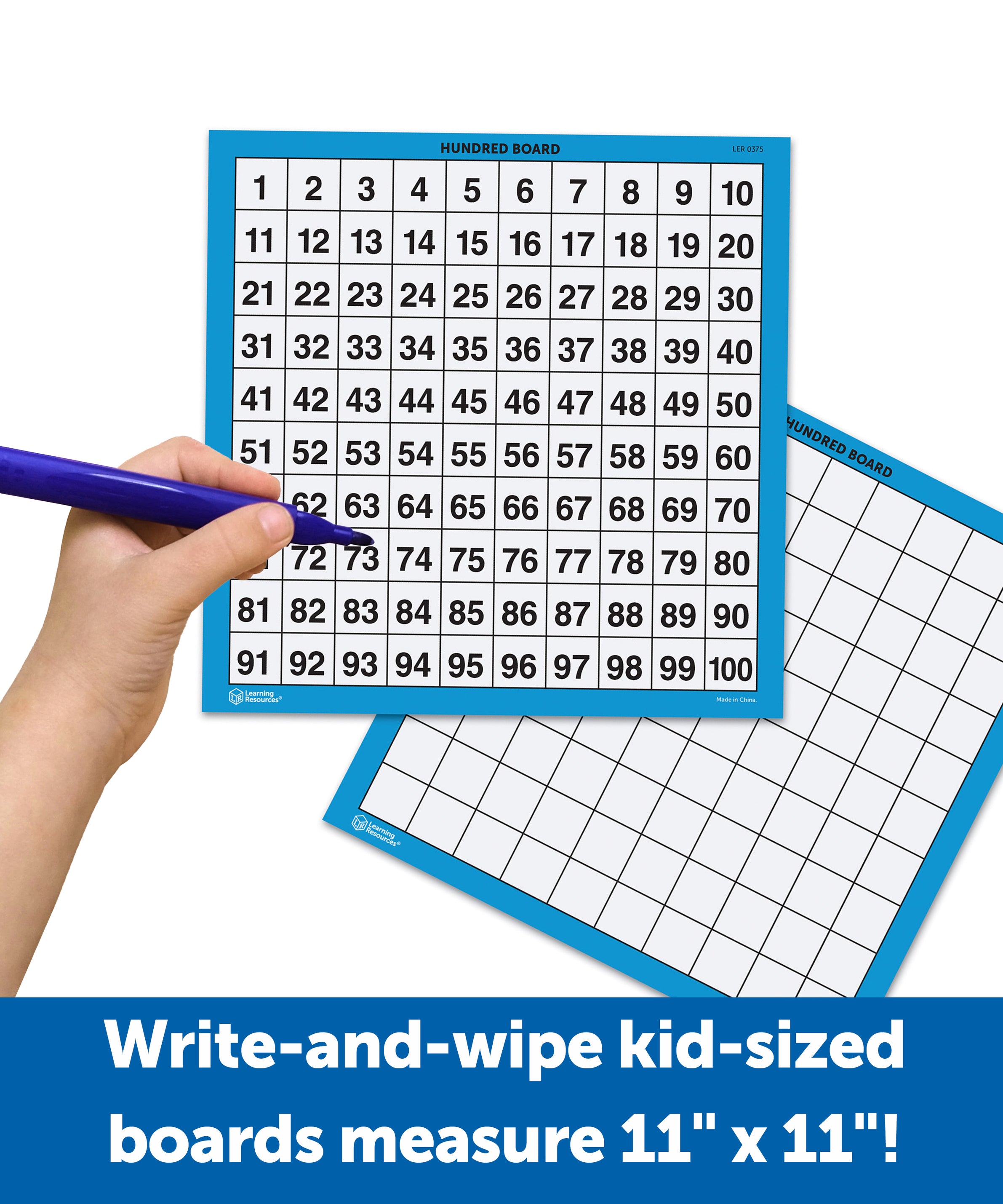 Learning Resources Laminated Hundred Boards, Set of 10 Double-Sided Dry-Erase Grids, 1100 Counting Aid for Kids, Ages 5+