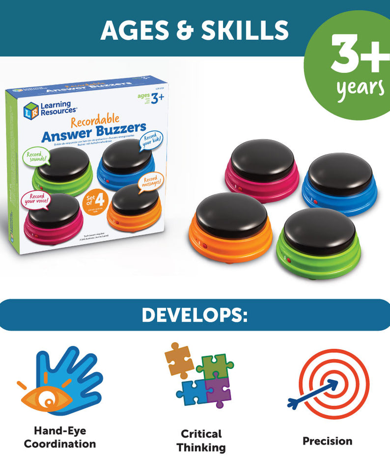 Learning Resources Recordable Answer Buzzers (Set of 4), Personalizable Light-Up Buzzers for Classroom, Family Games, Trivia Nights, and More (Ages 3+)