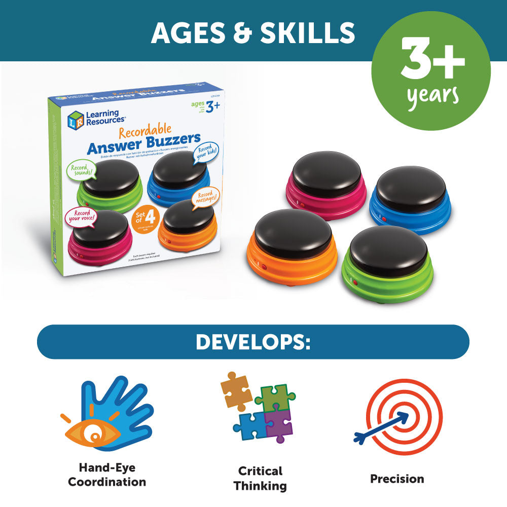 Learning Resources Recordable Answer Buzzers (Set of 4), Personalizable Light-Up Buzzers for Classroom, Family Games, Trivia Nights, and More (Ages 3+)