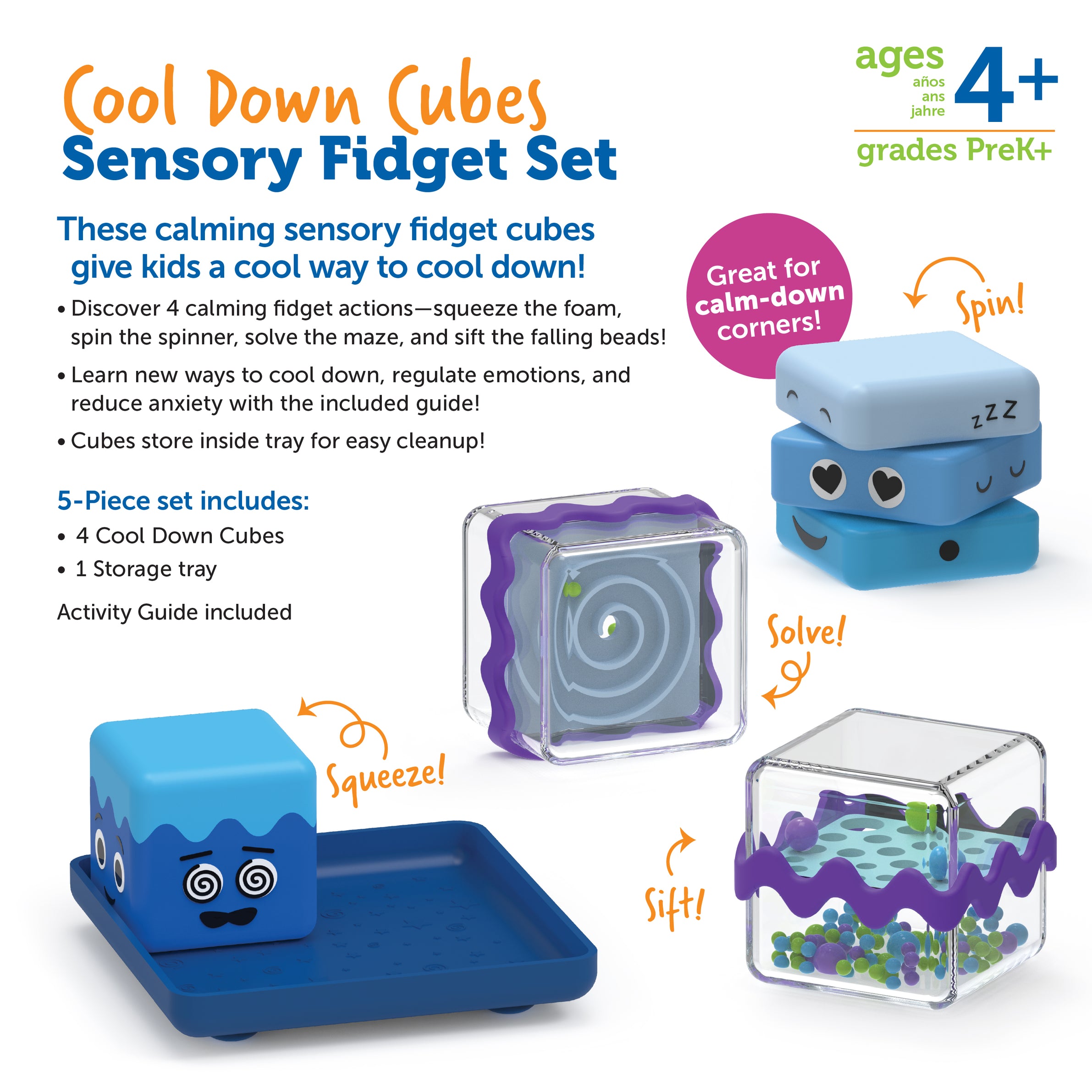 Learning Resources Cool Down Sensory Cubes, Set of 4 Calming Fidget Toys with Tray for Emotional Regulation and Focus, Ages 4 Plus