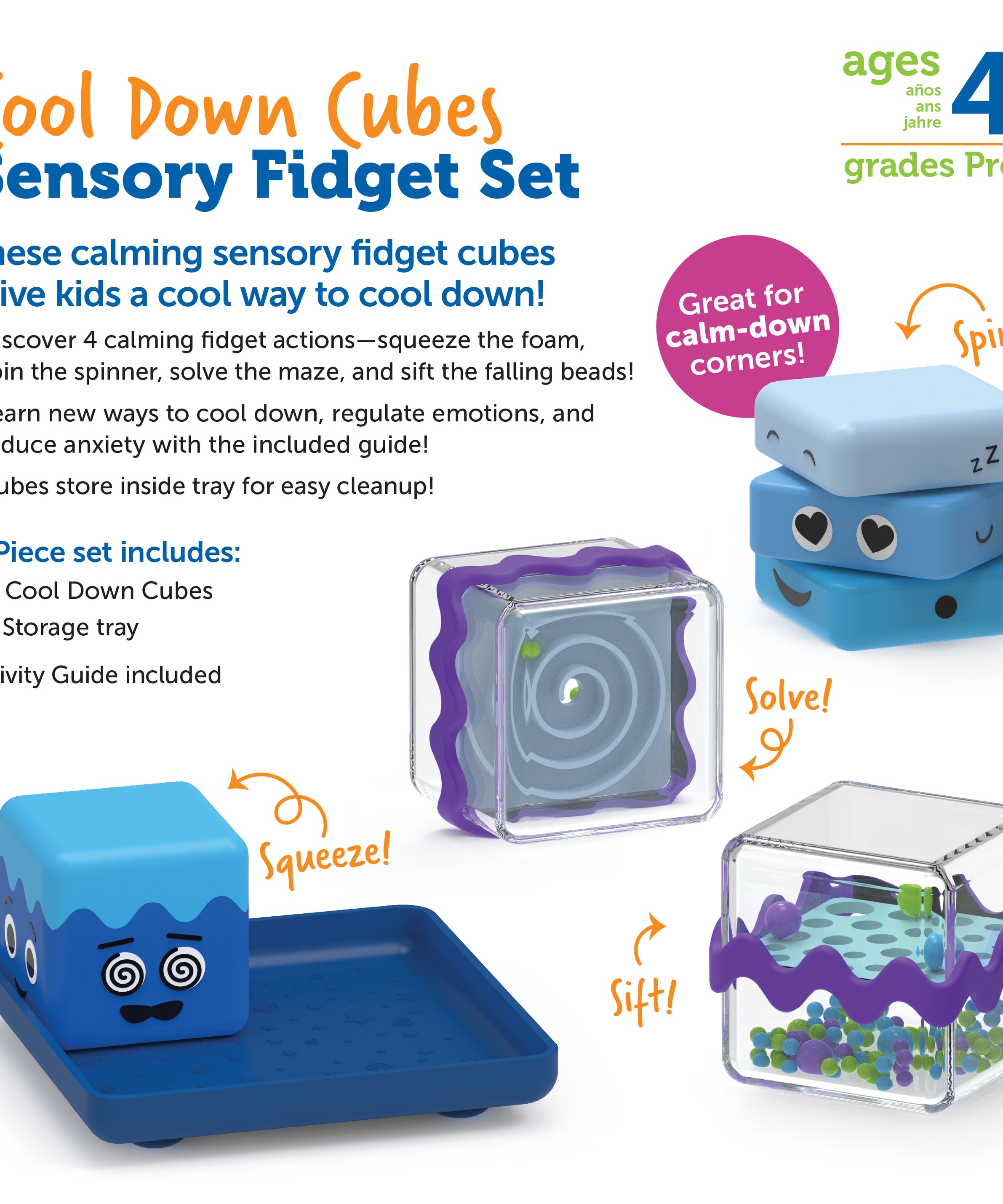 Learning Resources Cool Down Sensory Cubes, Set of 4 Calming Fidget Toys with Tray for Emotional Regulation and Focus, Ages 4 Plus