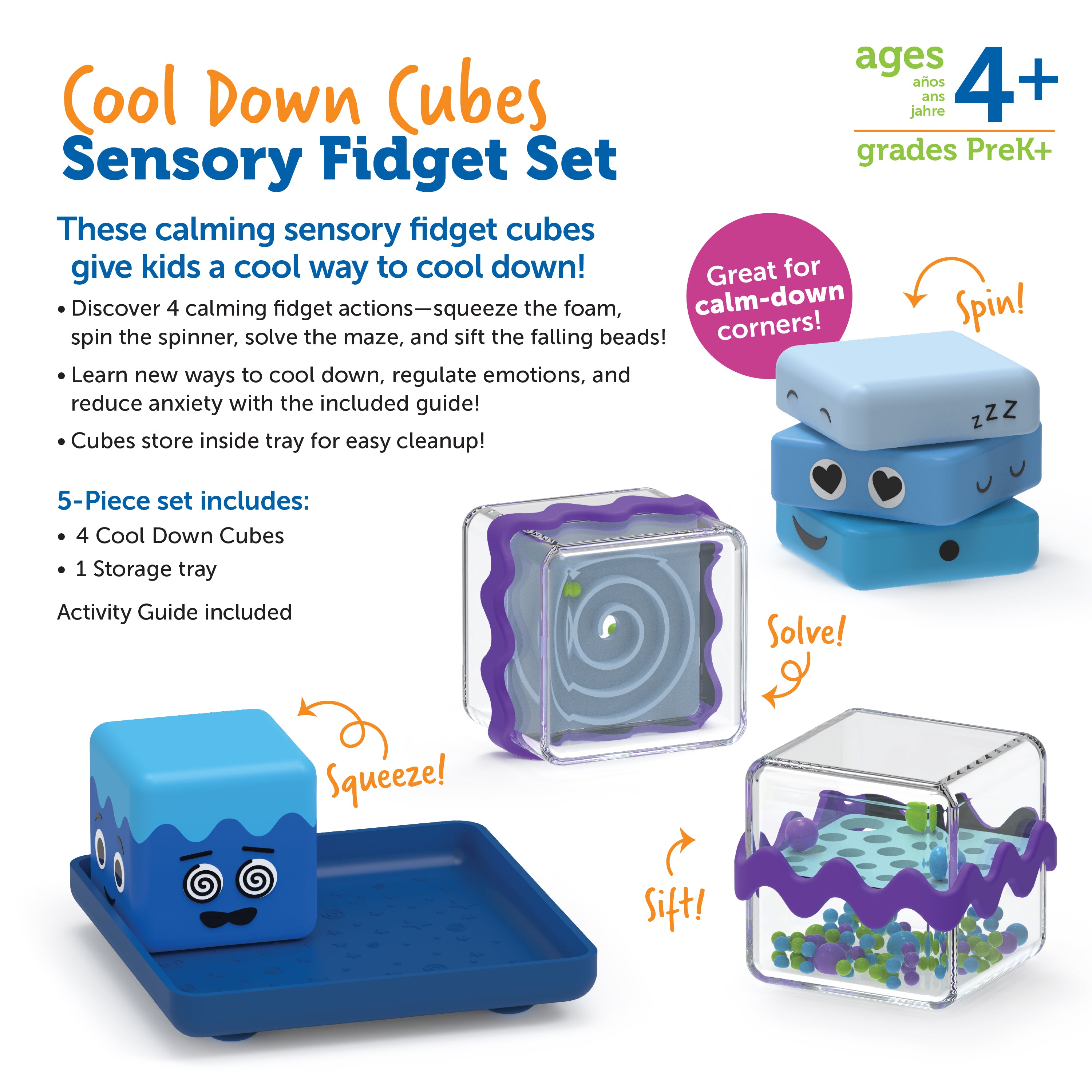 Learning Resources Cool Down Sensory Cubes, Set of 4 Calming Fidget Toys with Tray for Emotional Regulation and Focus, Ages 4 Plus