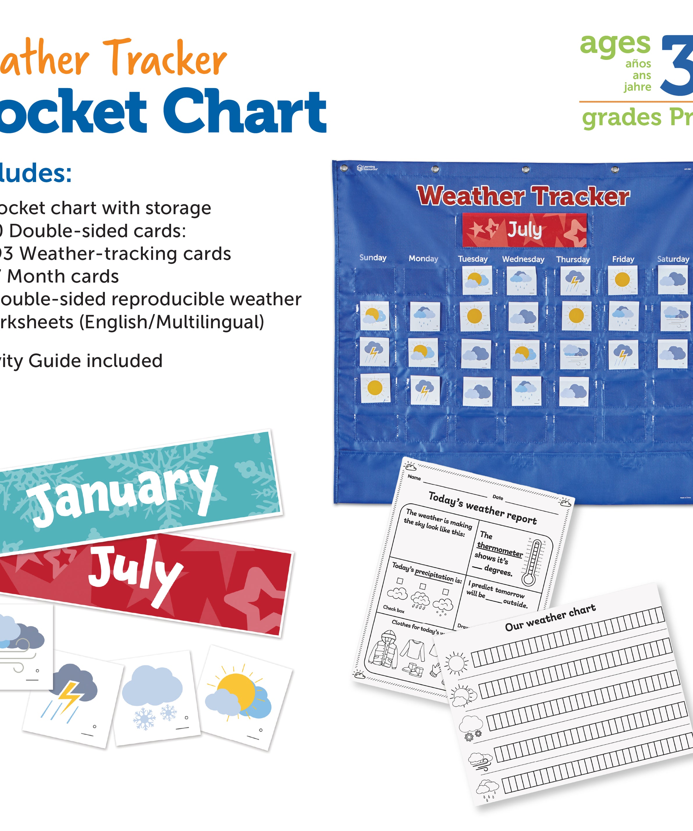 Learning Resources Interactive Weather Tracker Pocket Chart, 103-Piece Set for Daily Weather Observations and Learning