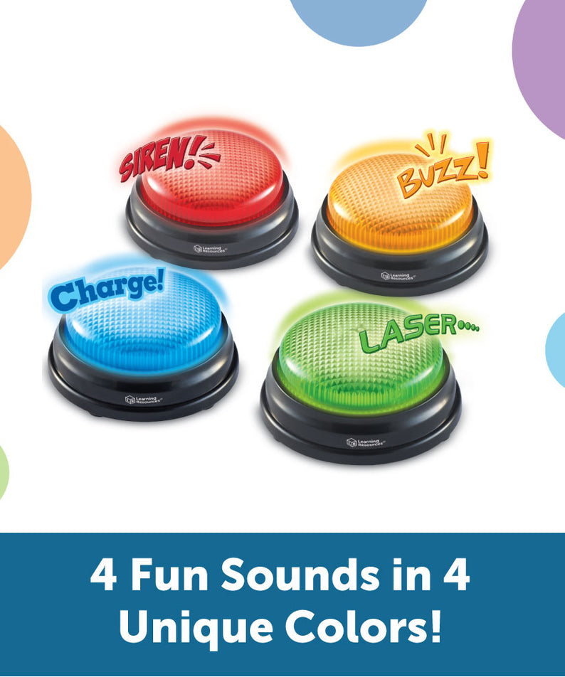 Learning Resources Lights & Sounds Answer Buzzers (Set of 4), Light-Up Game Show Style Buzzers with 4 Distinct Sounds for Classroom, Trivia, and Family Fun (Ages 3+)