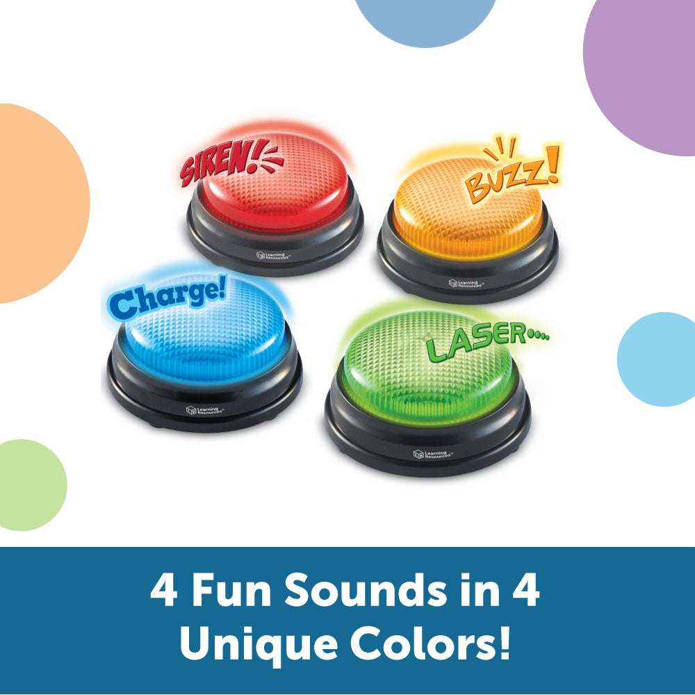 Learning Resources Lights & Sounds Answer Buzzers (Set of 4), Light-Up Game Show Style Buzzers with 4 Distinct Sounds for Classroom, Trivia, and Family Fun (Ages 3+)