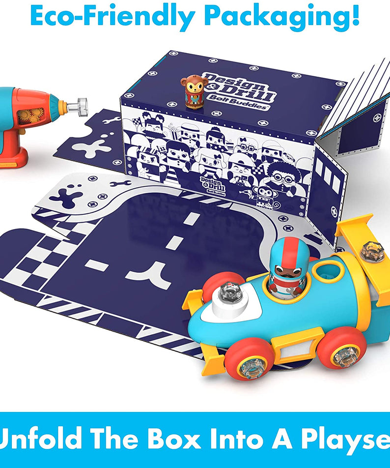 Learning Resources Design and Drill Bolt Buddies Race Car, STEM Construction Toy with Kid-Friendly Power Drill and Figures, Ages 3 Plus