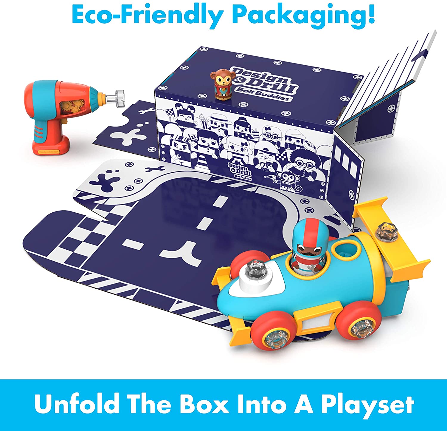 Learning Resources Design and Drill Bolt Buddies Race Car, STEM Construction Toy with Kid-Friendly Power Drill and Figures, Ages 3 Plus