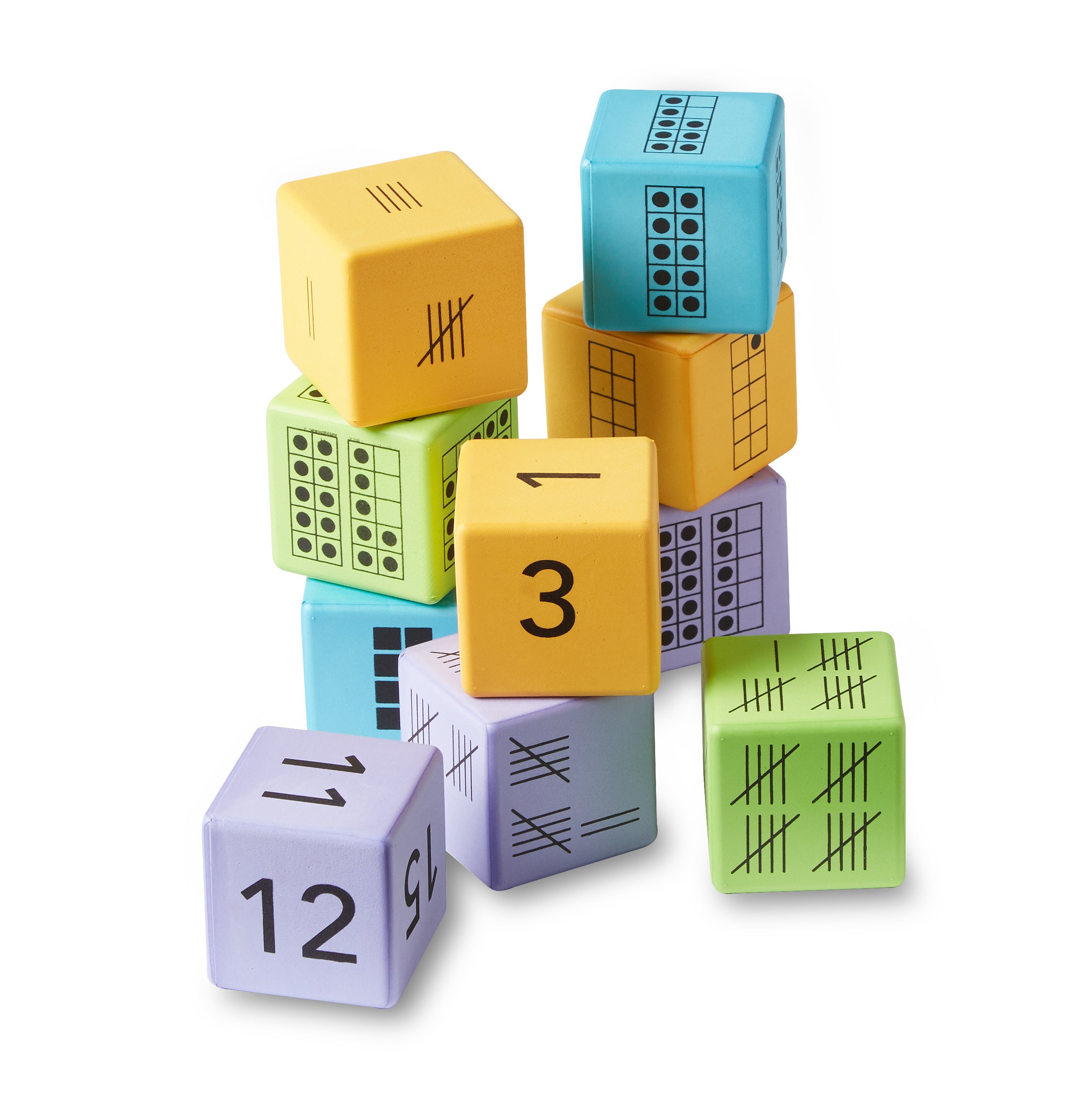 Learning Resources Multiple Representation Dice, Set of 16 Foam Dice with Ten Frames, Base Ten, Tally Numbers, and Numerals for Building Number Sense, Ages 5+