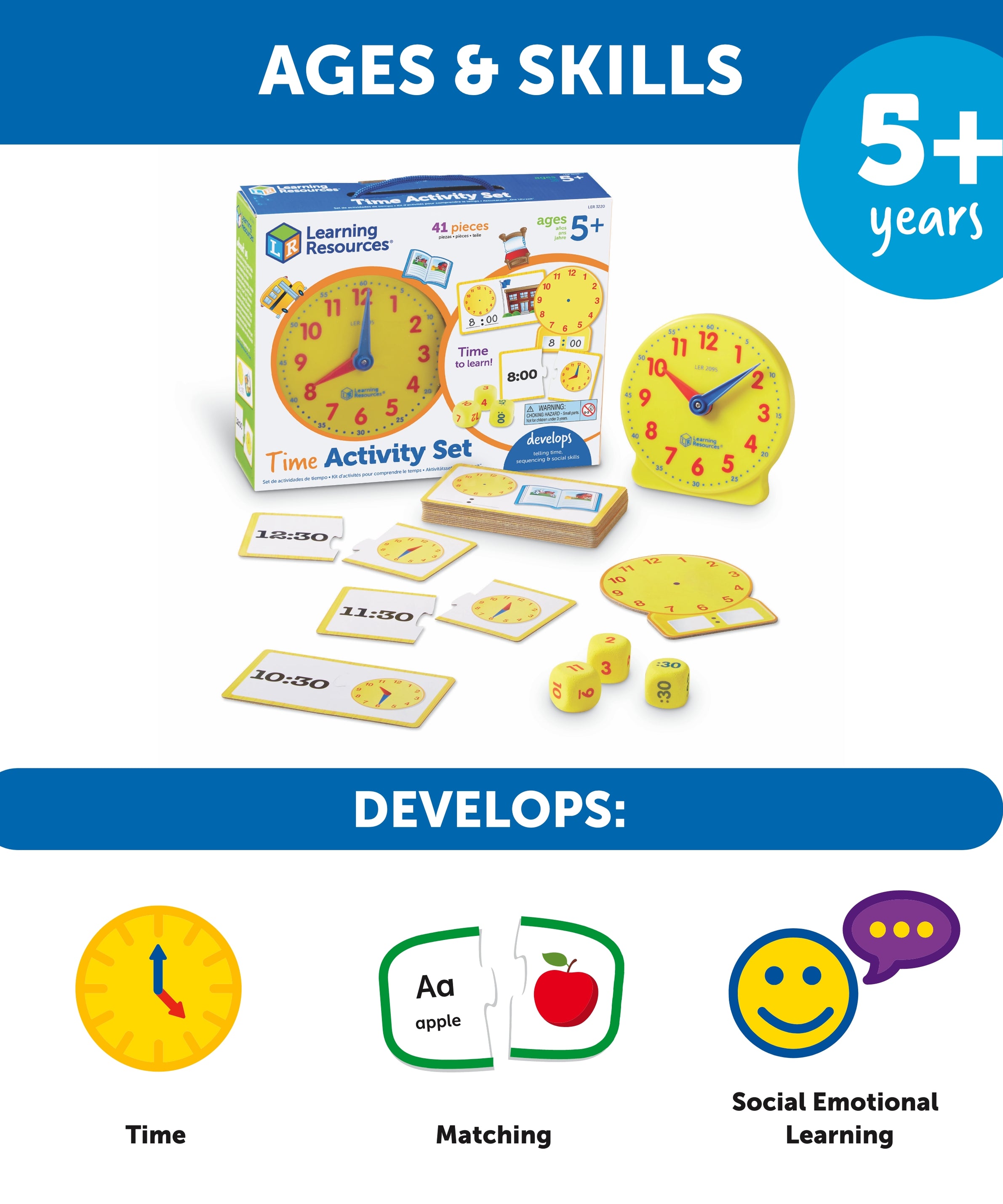 Learning Resources Time Activity Set, Digital & Analogue Time Learning for Kids, Includes Plastic Clock, Puzzle Cards, Time Dice, Activity Cards & Guide, Ages 4+