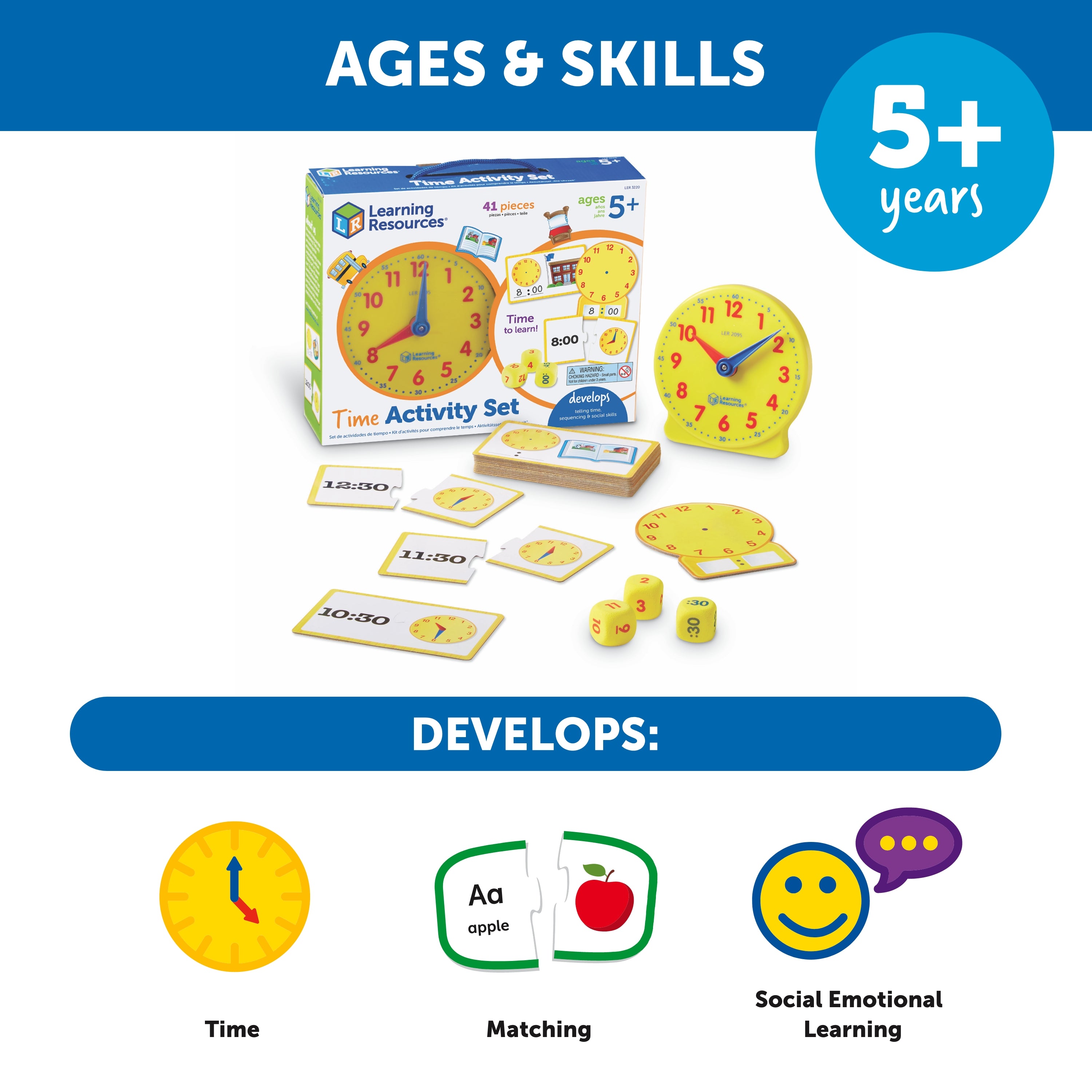 Learning Resources Time Activity Set, Digital & Analogue Time Learning for Kids, Includes Plastic Clock, Puzzle Cards, Time Dice, Activity Cards & Guide, Ages 4+