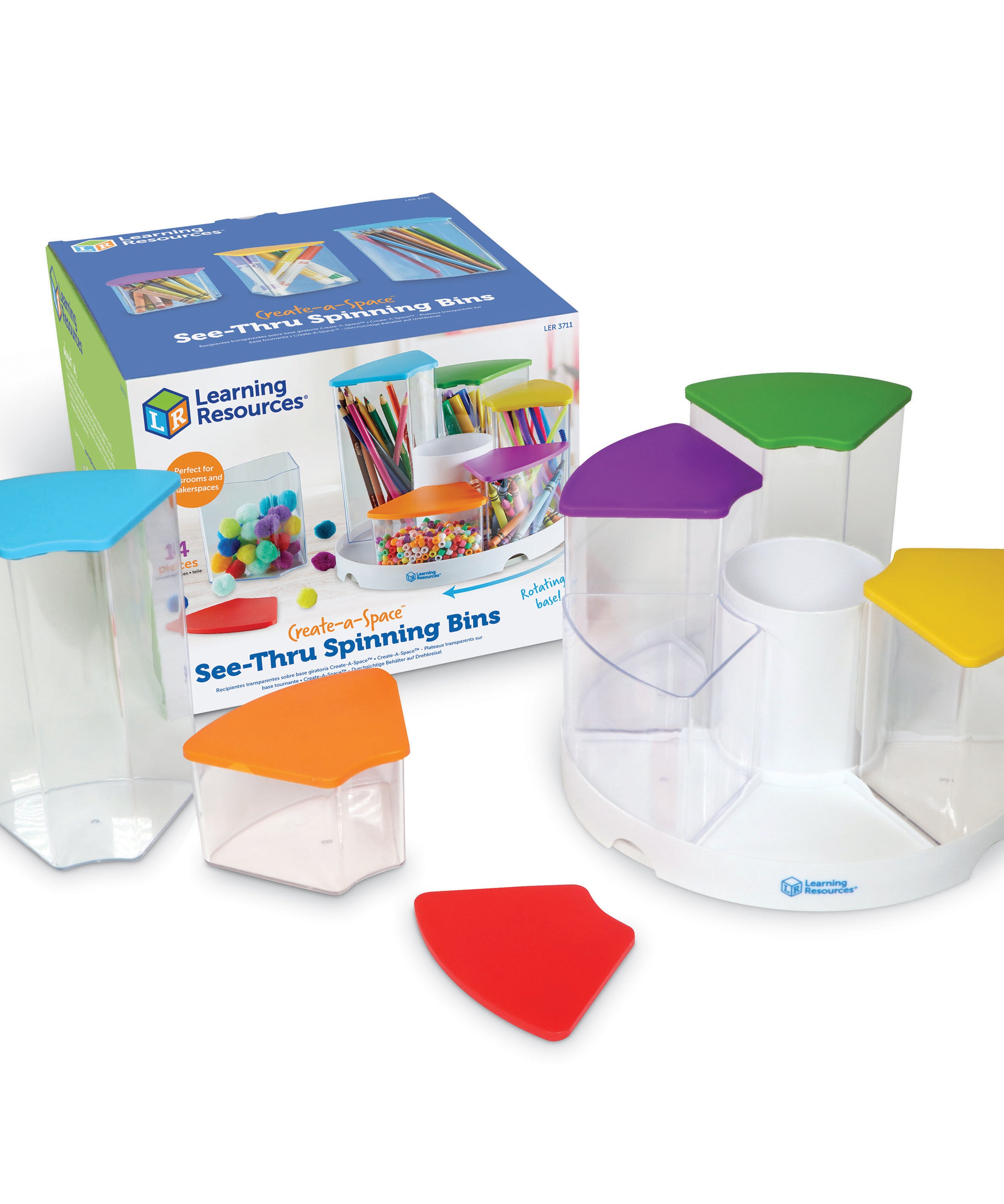 Learning Resources Create-A-Space See-Thru Spinning Bins, Portable Storage Solution for School, Art Supplies, Kitchen Organisation, 6 Bins with Colourful Lids