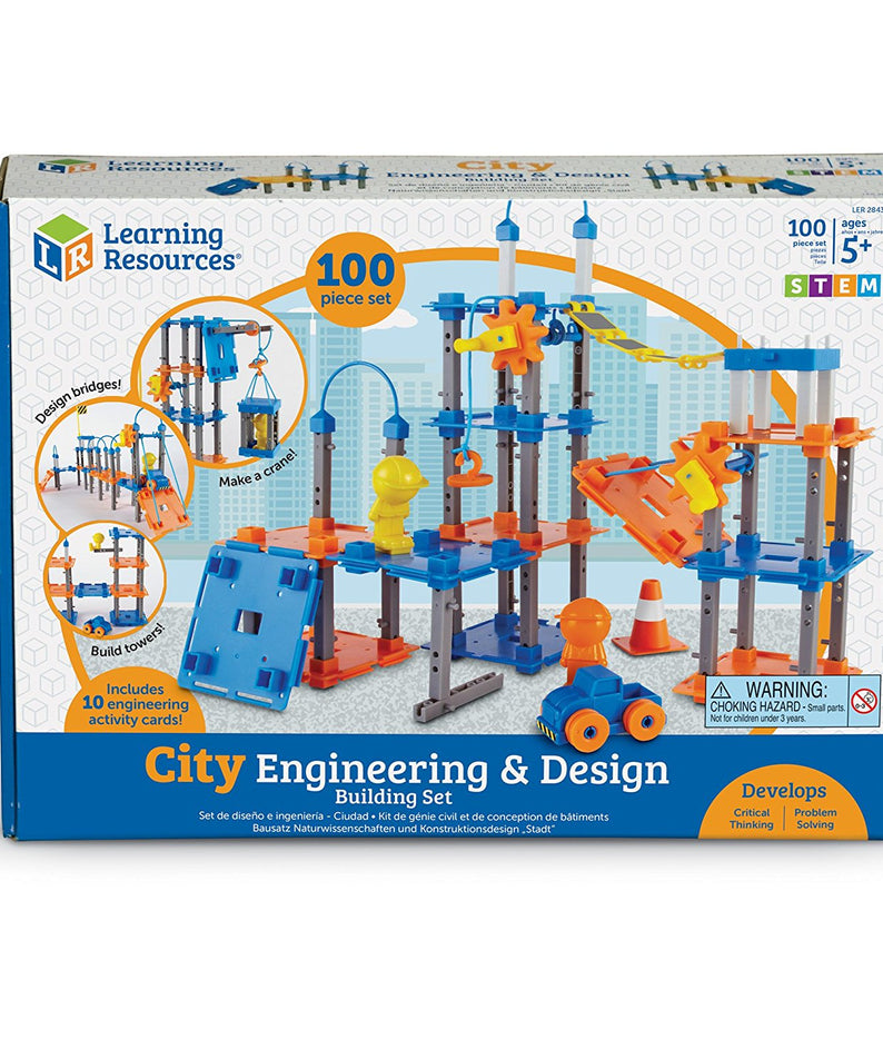 Learning Resources City Engineering & Design Building Set, Hands-On STEM & STEAM Construction Kit for Kids, Encourages Early Engineering & Creative Problem-Solving, 100 Pieces & 10 Activity Cards, Ages 5+