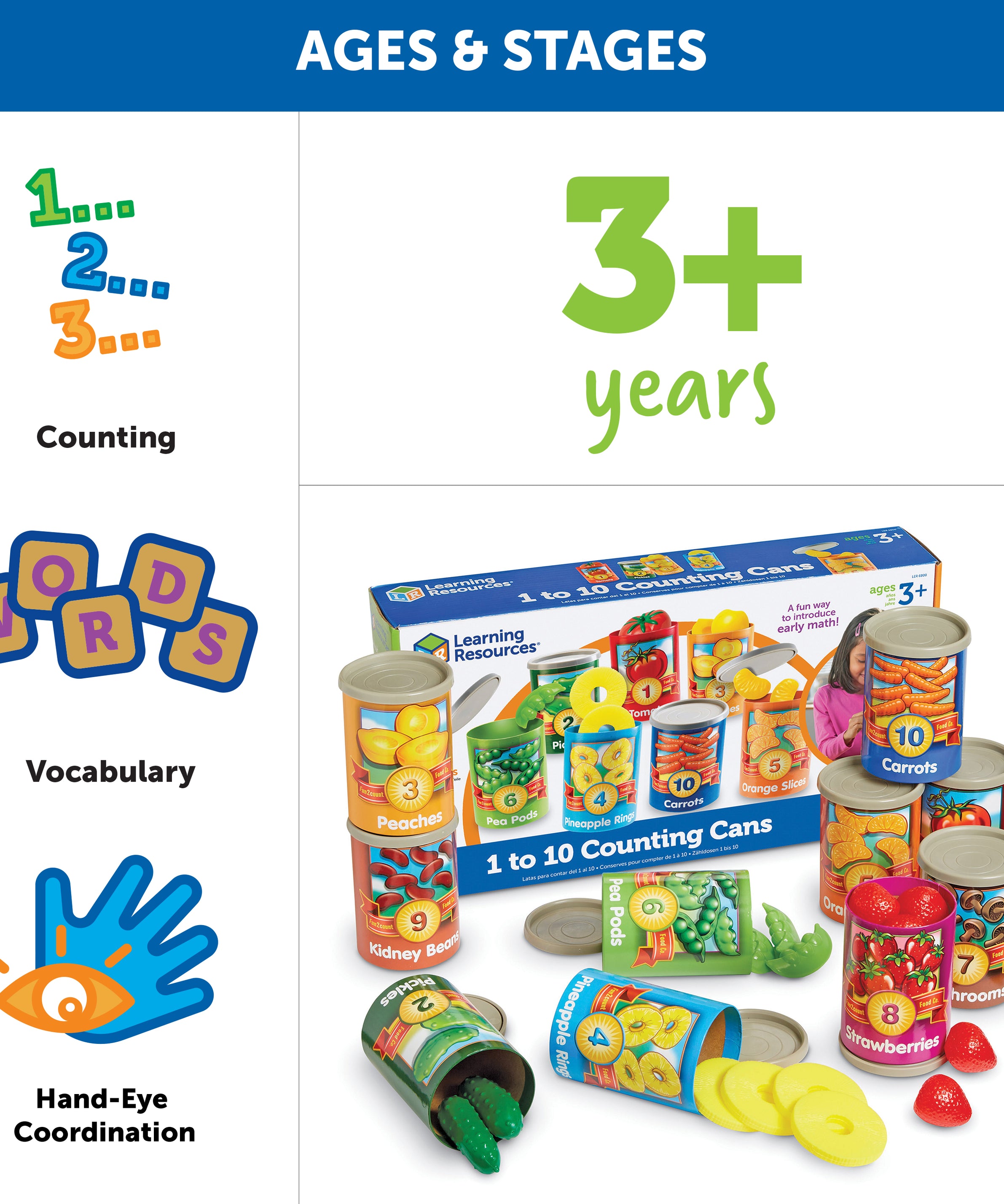 Learning Resources 1 to 10 Counting Cans, Early Years Counting and Sorting Toy with 55 Play Food Pieces, Stackable Storage, Ages 3 Plus