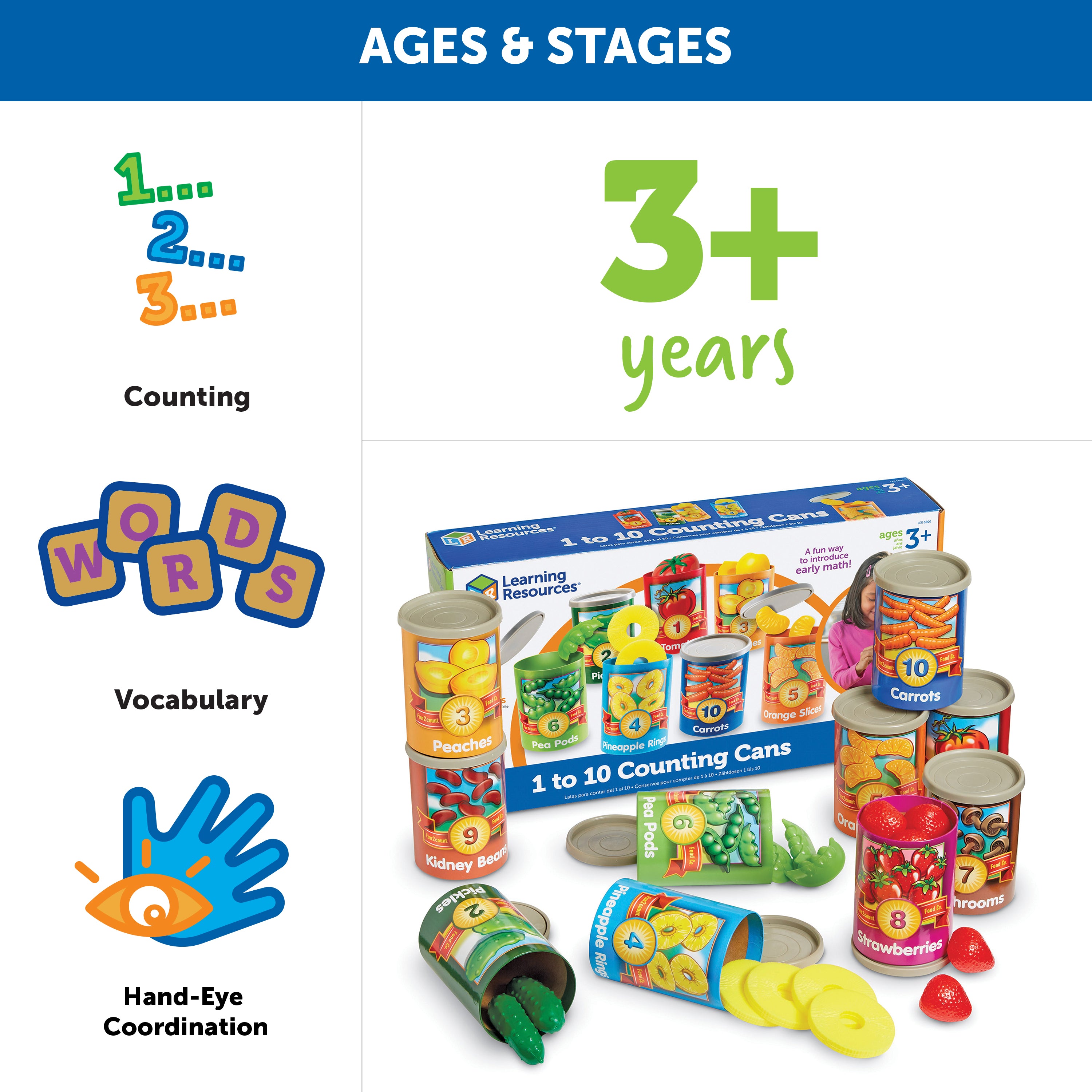Learning Resources 1 to 10 Counting Cans, Early Years Counting and Sorting Toy with 55 Play Food Pieces, Stackable Storage, Ages 3 Plus