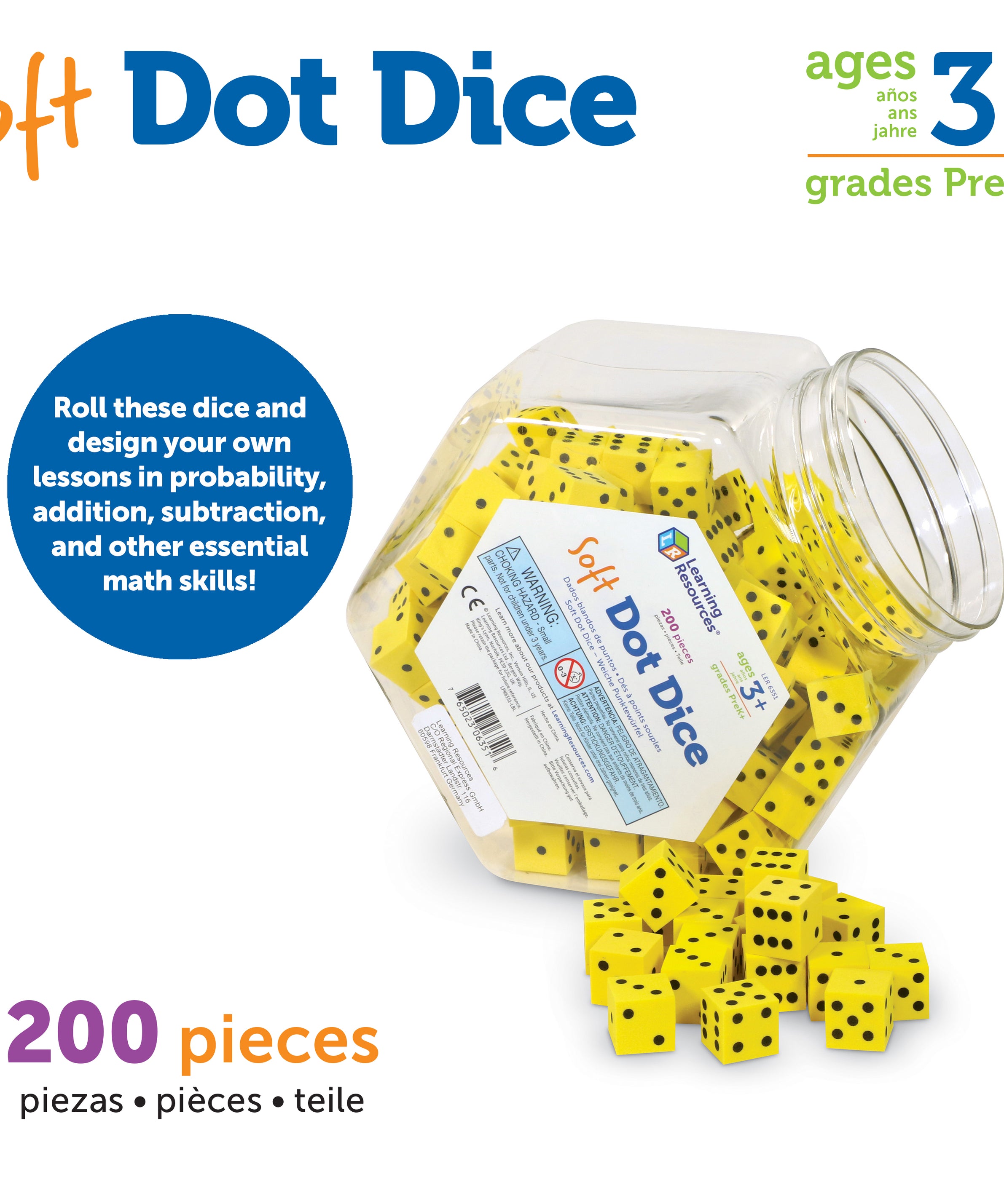 Learning Resources Soft Foam Dot Dice, Set of 200, Quiet and Durable Dice for Classroom Games, Maths Activities, and Probability Learning